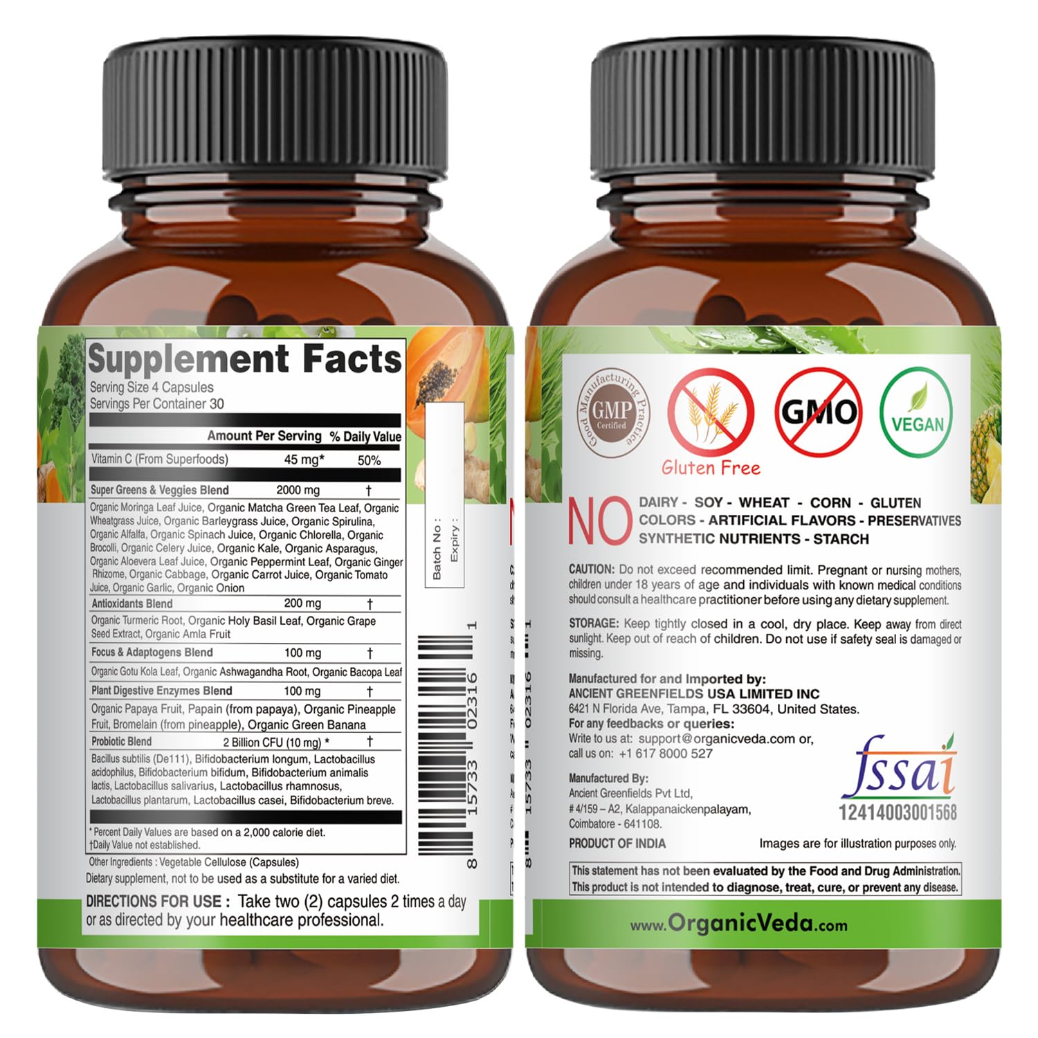 Organic Veda Superfoods Greens Capsules - 30+ Super Green Juice and Veggies Supplement with Moringa, Matcha, Spirulina, Chlorella, Turmeric - Antioxidants, Probiotics & Digestive Enzymes - 120 ct