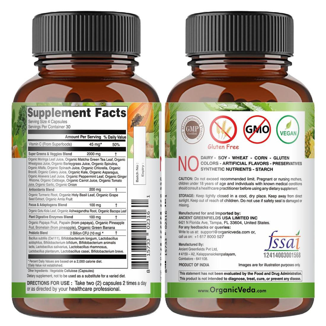 Organic Veda Superfoods Greens Capsules - 30+ Super Green Juice and Veggies Supplement with Moringa, Matcha, Spirulina, Chlorella, Turmeric - Antioxidants, Probiotics & Digestive Enzymes - 120 ct