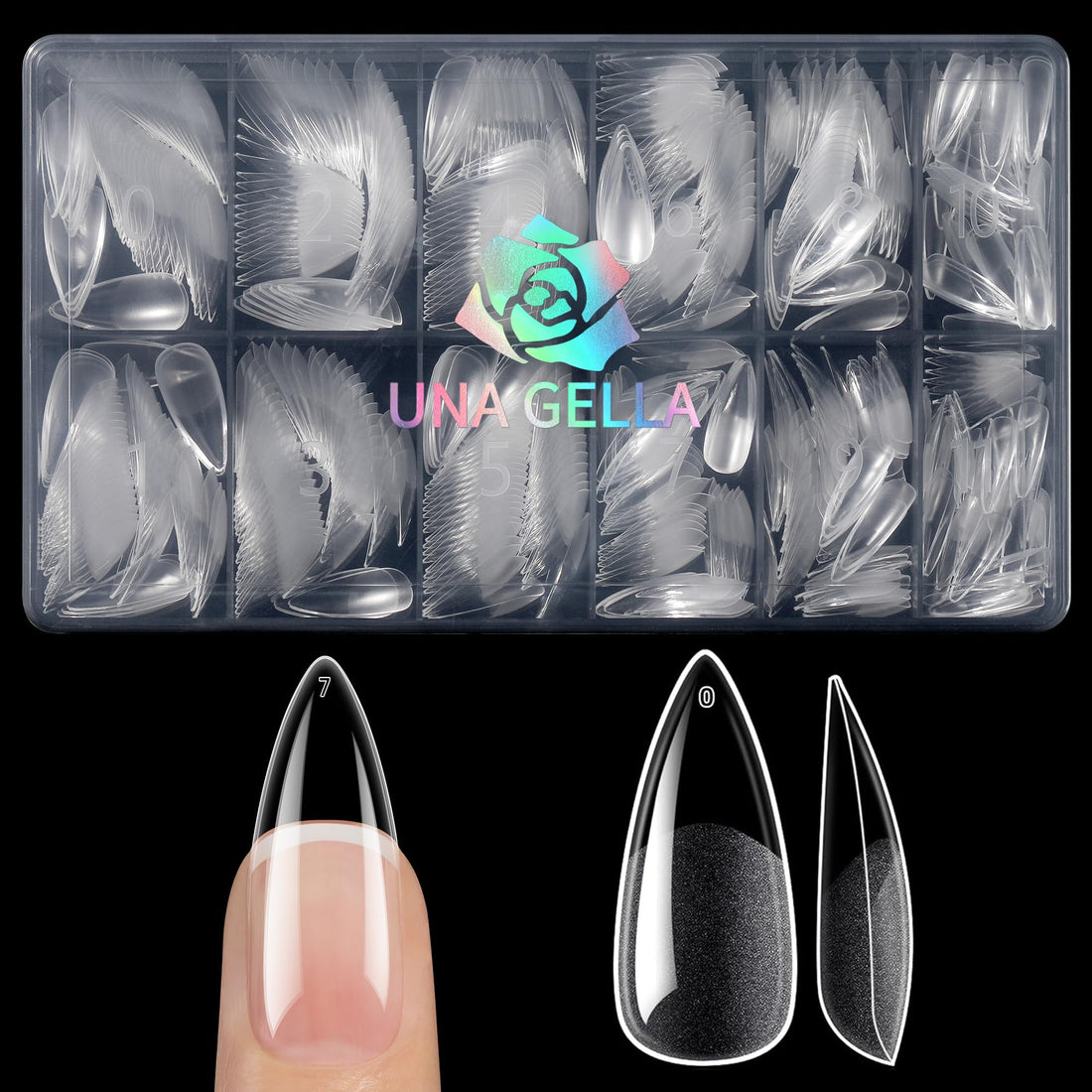 UNA GELLA Stiletto Press on Nails, 600 Pcs Medium Stiletto Nail Tips Almond Shape Pre Etched Full Cover Soft Gel Nails Tips for Nail Extensions Art DIY Salon 12 Sizes at Home
