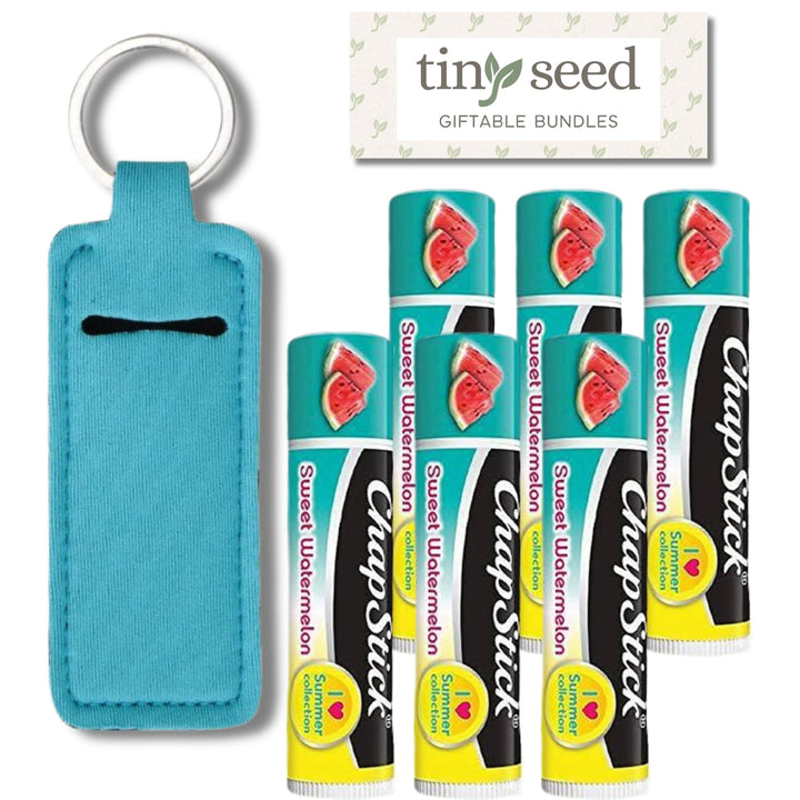 TINY SEED Sweet Watermelon Chapstick 6-Pack. Includes Bonus Lip Balm Holder Keychain (Blue). Limited Edition Flavor from the Chapstick I Love Summer Collection, Unique Gift Bundle from