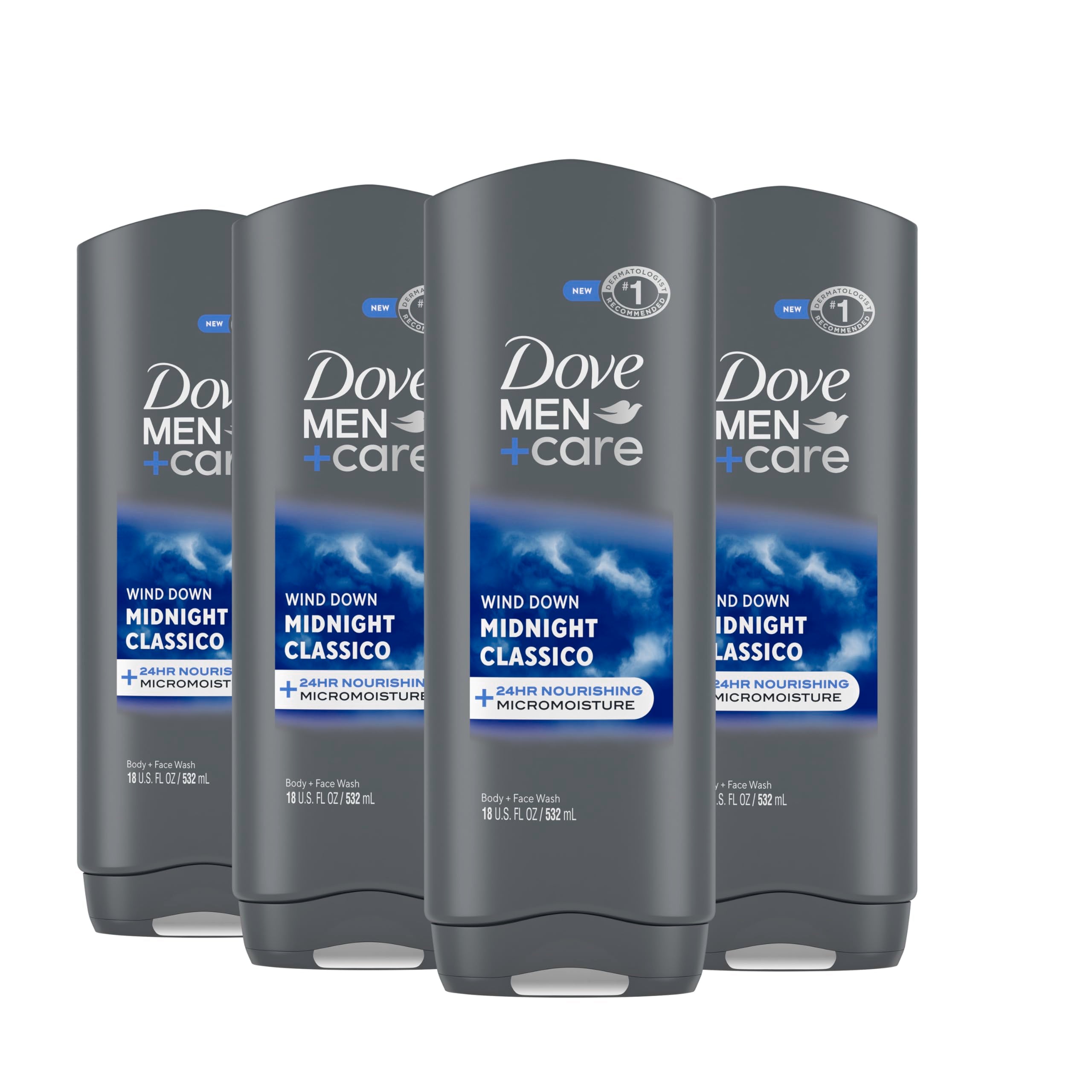 DOVE MEN + CARE Midnight Classico Body and Face Wash 4 Count for Calm, Replenished & Hydrated Skin