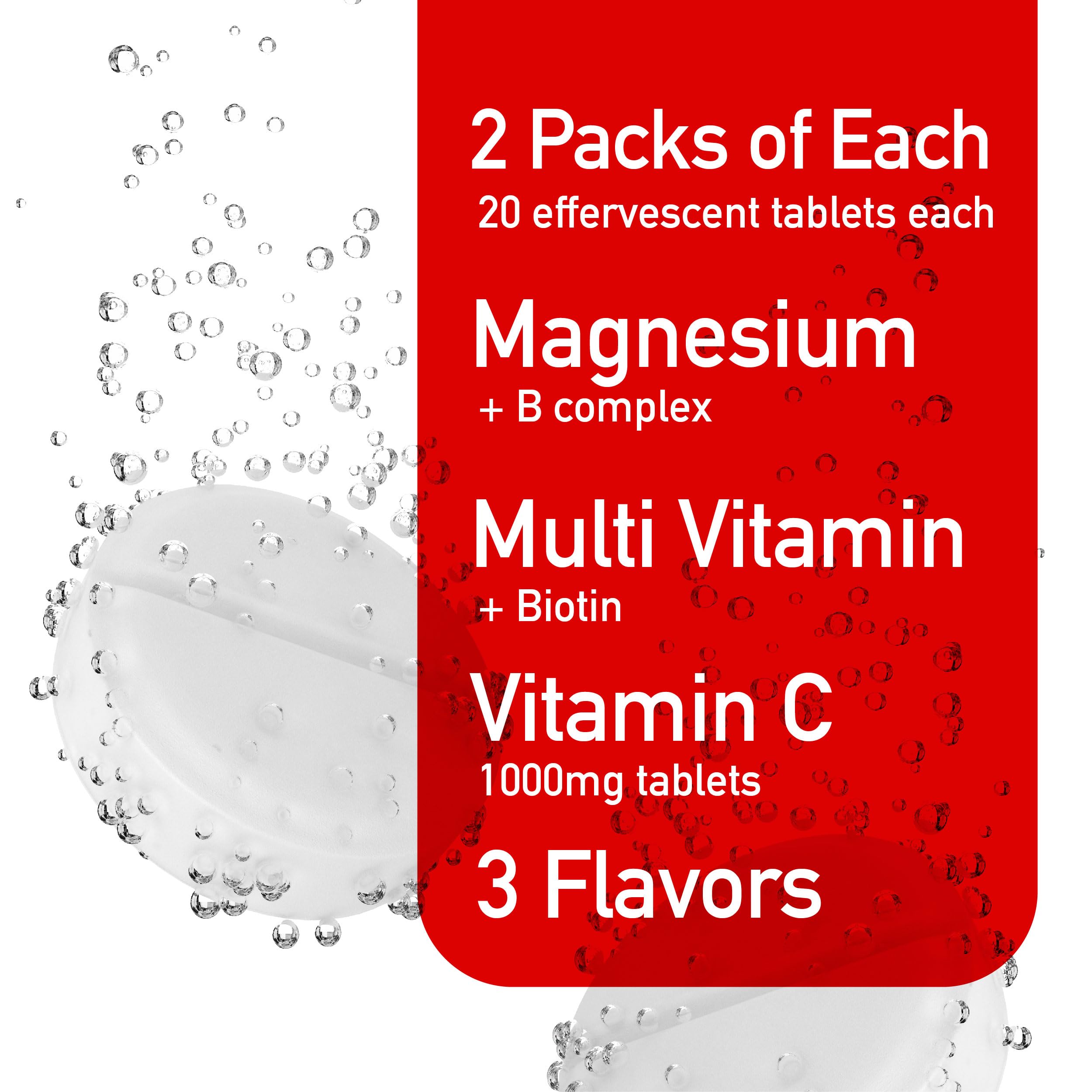 Swiss Imports Effervescent Variety Pack with Vitamin C 1000mg, Magnesium + B Complex, Multivitamin + Biotin, 6-Pack, 120 Tablets