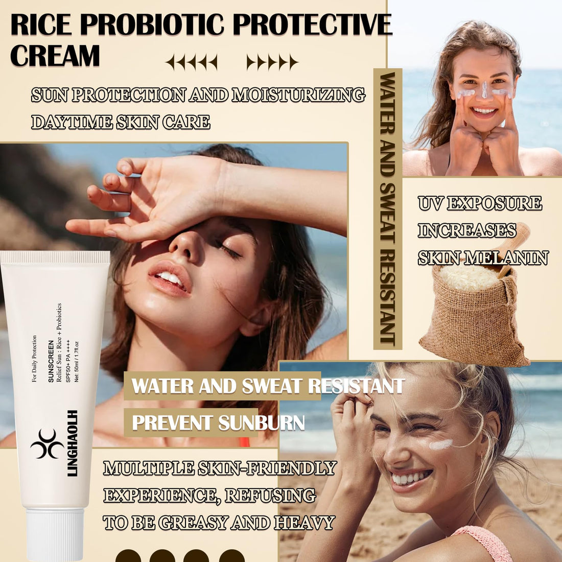 Rice Sunscreen,Relief Facial Sunscreens Moisturizing SPF50+ PA++++ Rice Sunscreen for All Skin Type,Non-greasy Lightweight Rice Probiotic Sun Cream