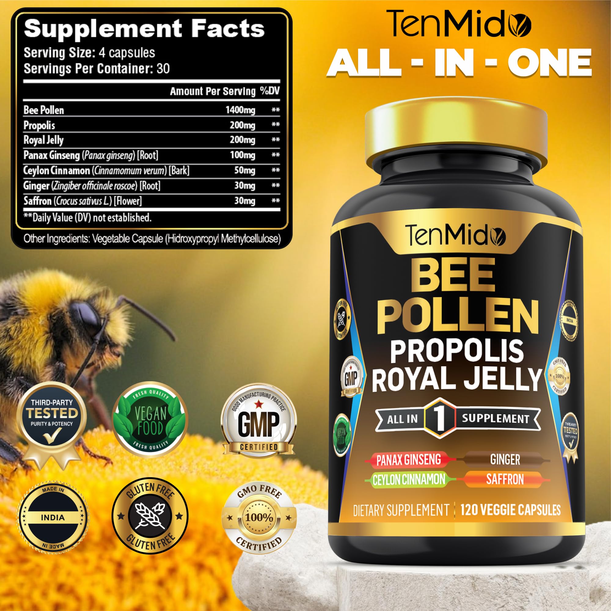 Tenmido Organic Bee Pollen Supplement - 7in1 Formula - Combine with Propolis, Royal Jelly, Panax Ginseng, Ceylon Cinnamon, Ginger, and Saffron - Digestive Health, Immune Support - 120 Capsules