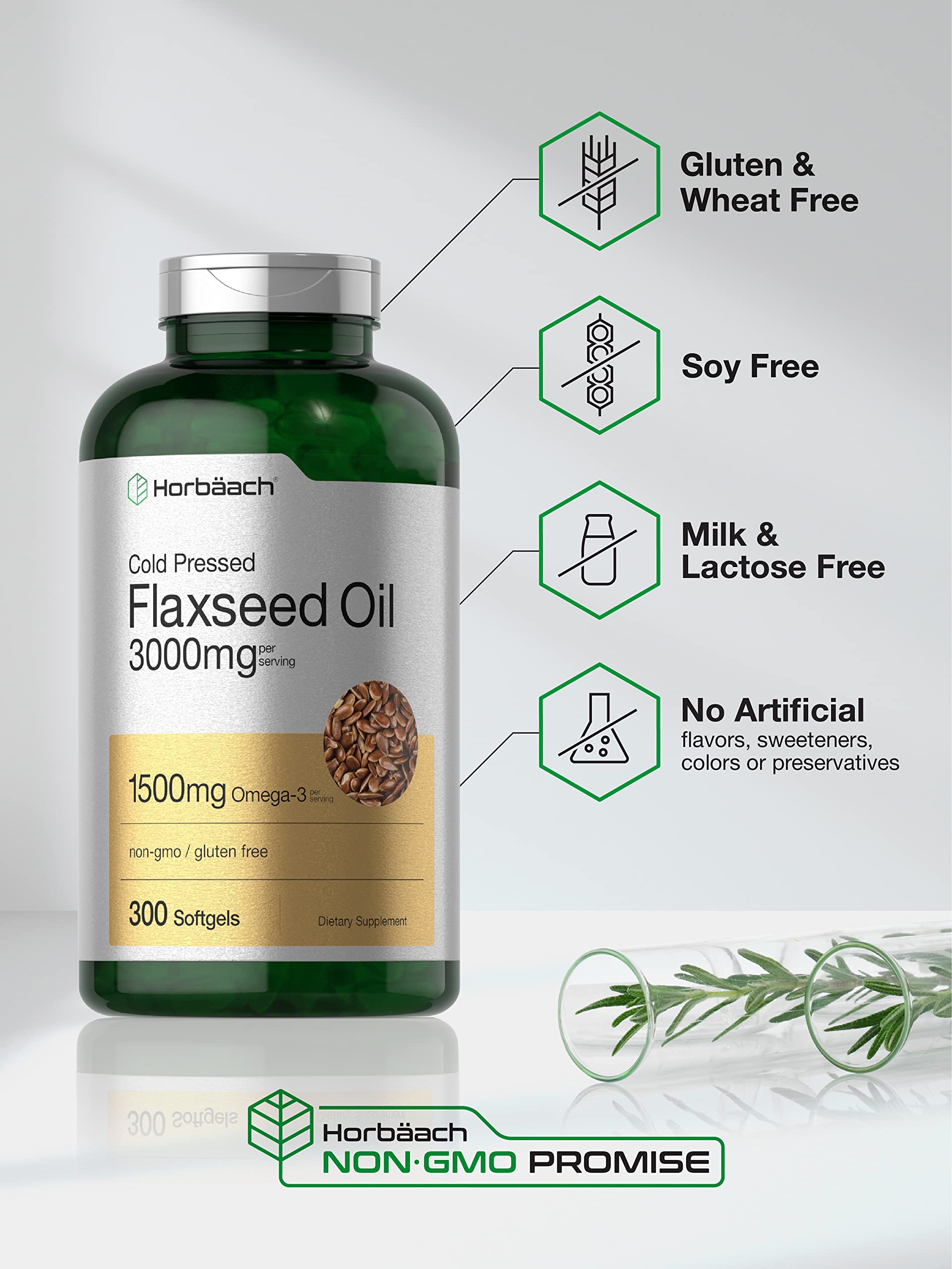 Horbäach Flaxseed Oil Softgel Capsules 3000mg | 300 Count | High Potency | with Omega 3 6 9 | Non-GMO, Gluten Free | Cold Pressed Flax Seed