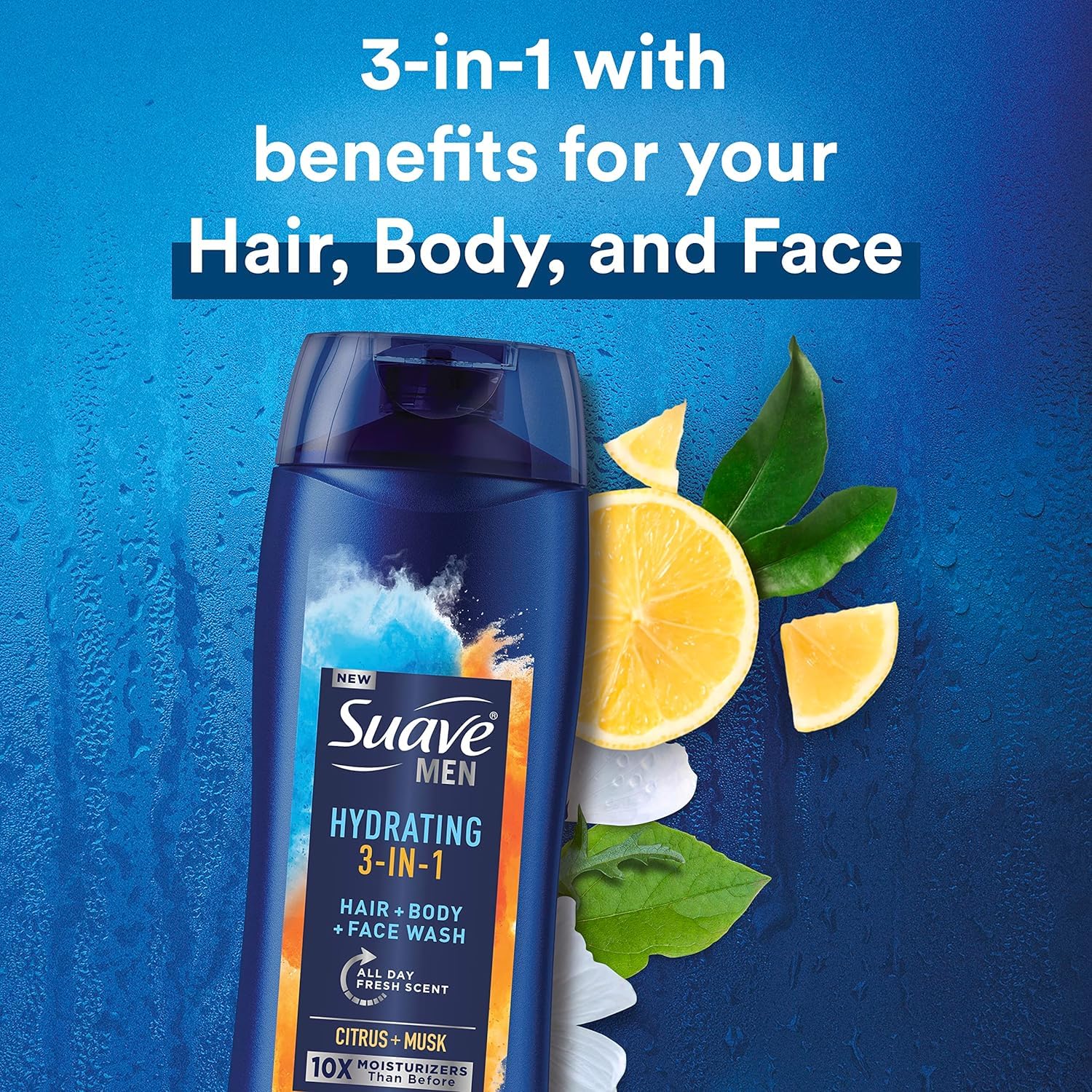 Suave Men Moisturizing Body, Face and Hair Wash, 3-in-1 For Hydrated Skin and Hair, Citrus & Musk scent, No Parabens, No Phtahaltes, 18 Oz Pack of 6