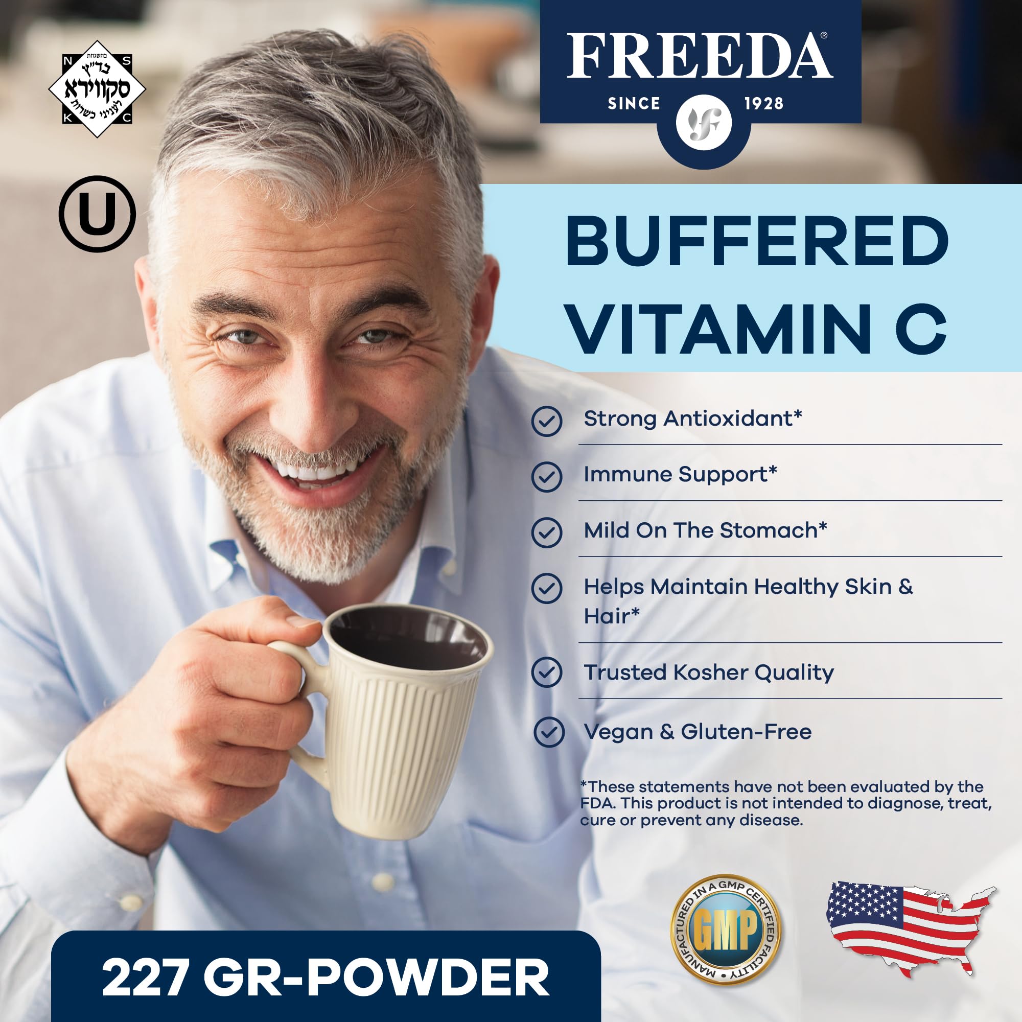 FREEDA Vitamin C - Buffered Vitamin C Powder - Kosher - Powerful Antioxidant Immune Support - Sensitive Stomach Vitamins C Drink - Calcium Ascorbate - Sugar Free Vitamin C - VIT C Supplement (16 oz)