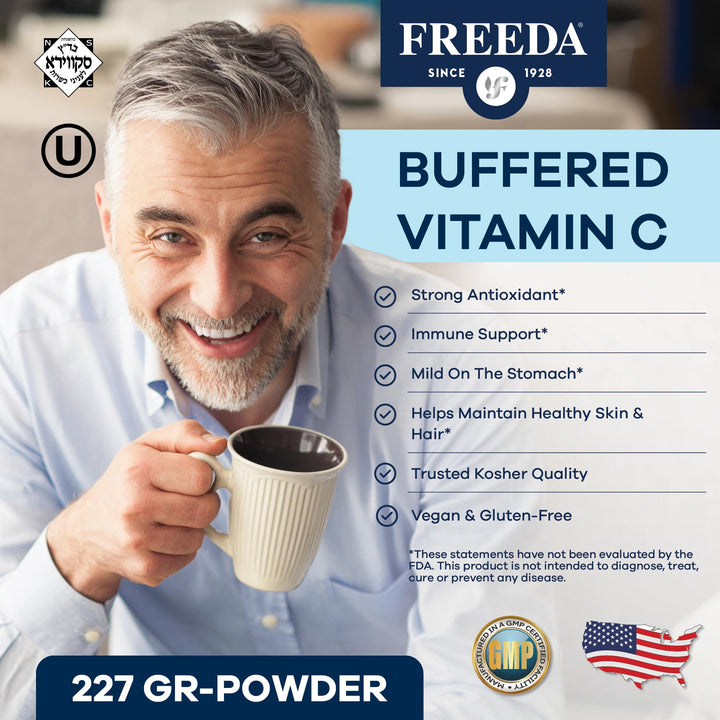 FREEDA Vitamin C - Buffered Vitamin C Powder - Kosher - Powerful Antioxidant Immune Support - Sensitive Stomach Vitamins C Drink - Calcium Ascorbate - Sugar Free Vitamin C - VIT C Supplement (16 oz)