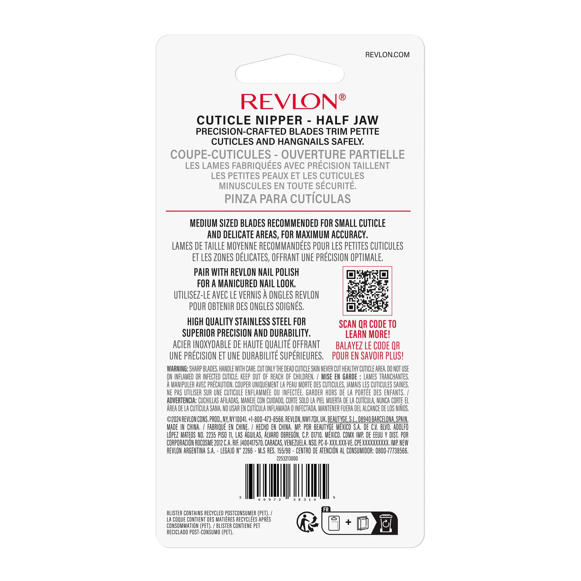 Revlon Half Jaw Cuticle Nipper, Manicure Tool for Nail Care, Hangnail Clipper, For More Precise Trims, Non-Slip Grip, Stainless Steel, 1 Count