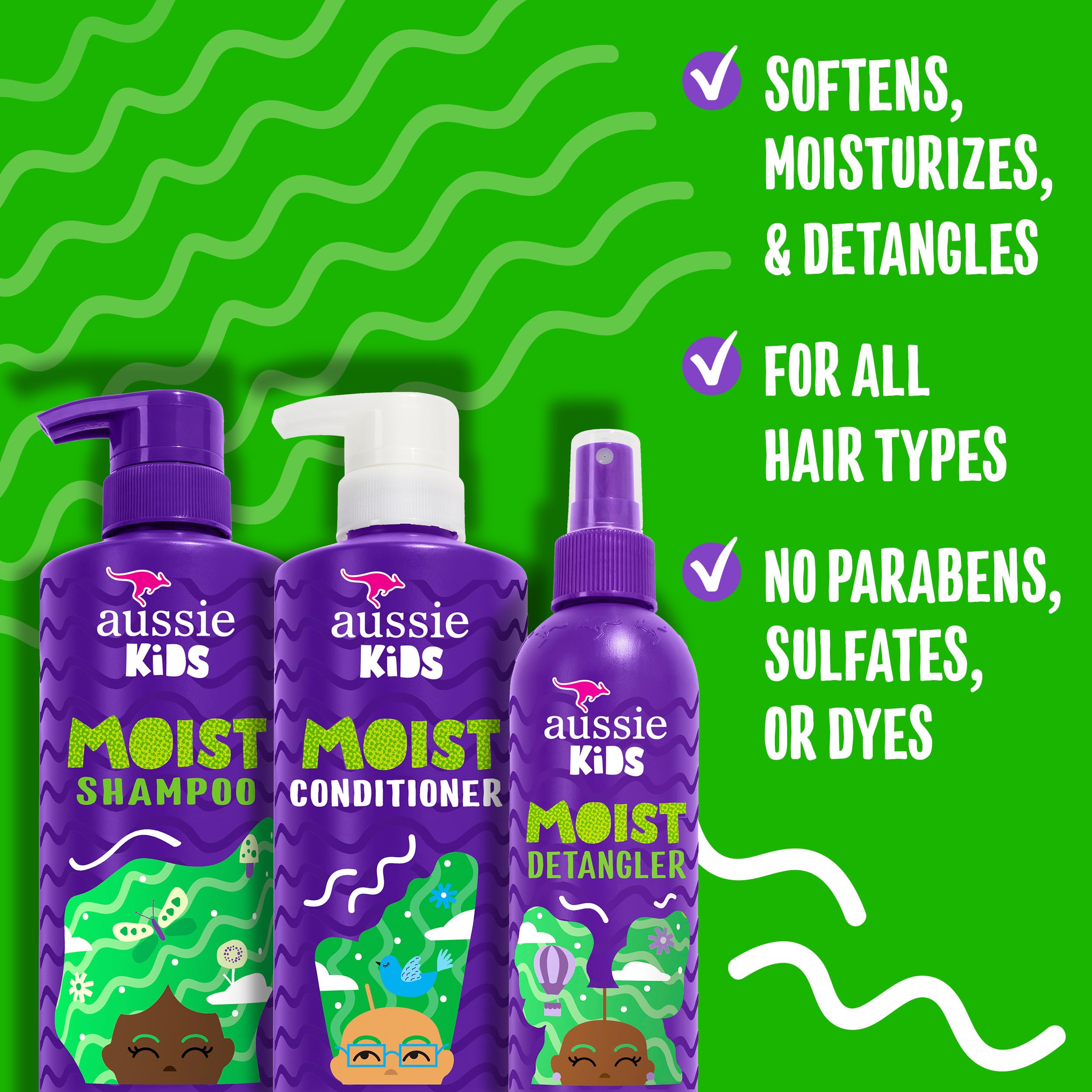 Aussie Kids Shampoo, Conditioner, and Detangler Bundle, Sulfate Free and Paraben Free