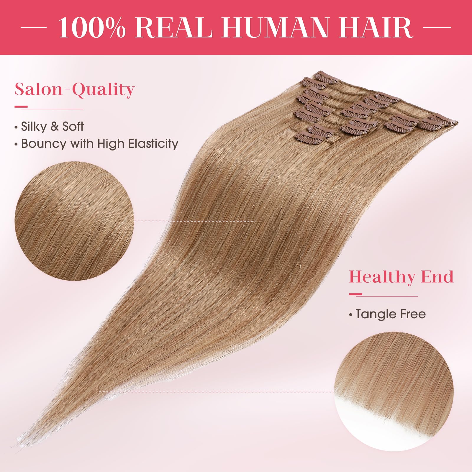 Clip in 100% Remy Human Hair Extensions 8-24 Grade 7A Quality Full Head 8pcs 18clips Long Soft Silky Straight for Women Fashion 13/13 inch 80g, 27 Dark Blonde