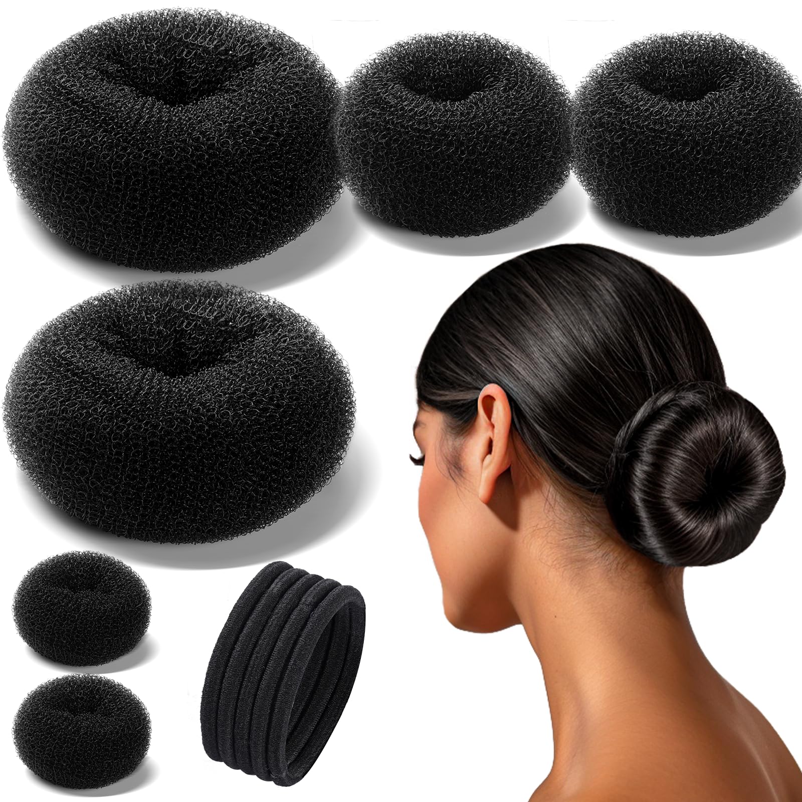 Teenitor Donut Hair Bun Maker Set, Hair Bun Shaper Set with Large, Medium, Small Hair Donuts For Buns, Hair Accessories For Girls, 5 Elastic Bands, Black