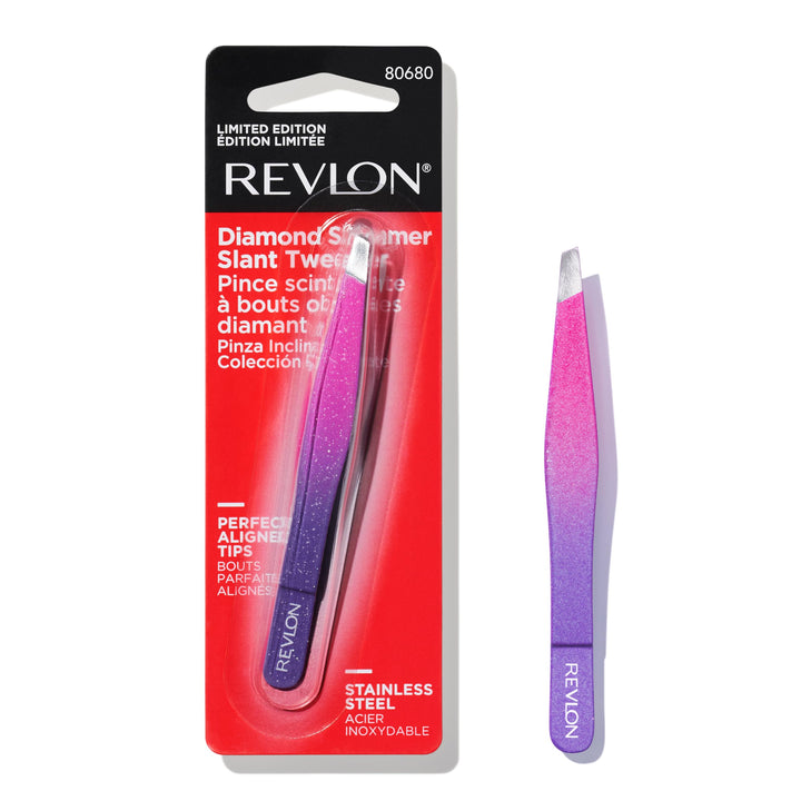Revlon Diamond Collection Slanted Tip Tweezers, Ultra-Sharp for Precision Eyebrow Shaping and Facial Hair Removal, Made with Stainless Steel, Pink & Purple, 1 Count