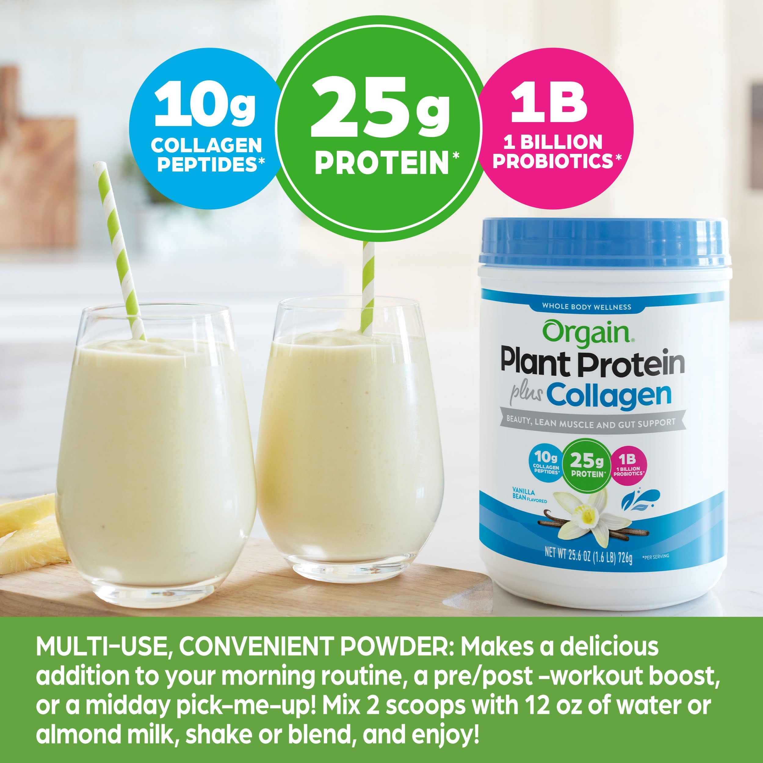 Orgain Protein Powder + Collagen, Vanilla Bean - 25g of Protein, 10g Collagen Peptides, Type I & III, 1B CFU Probiotics, Supports Hair, Skin, Nail, Joint & Gut Health, Gluten Free - 1.6lb