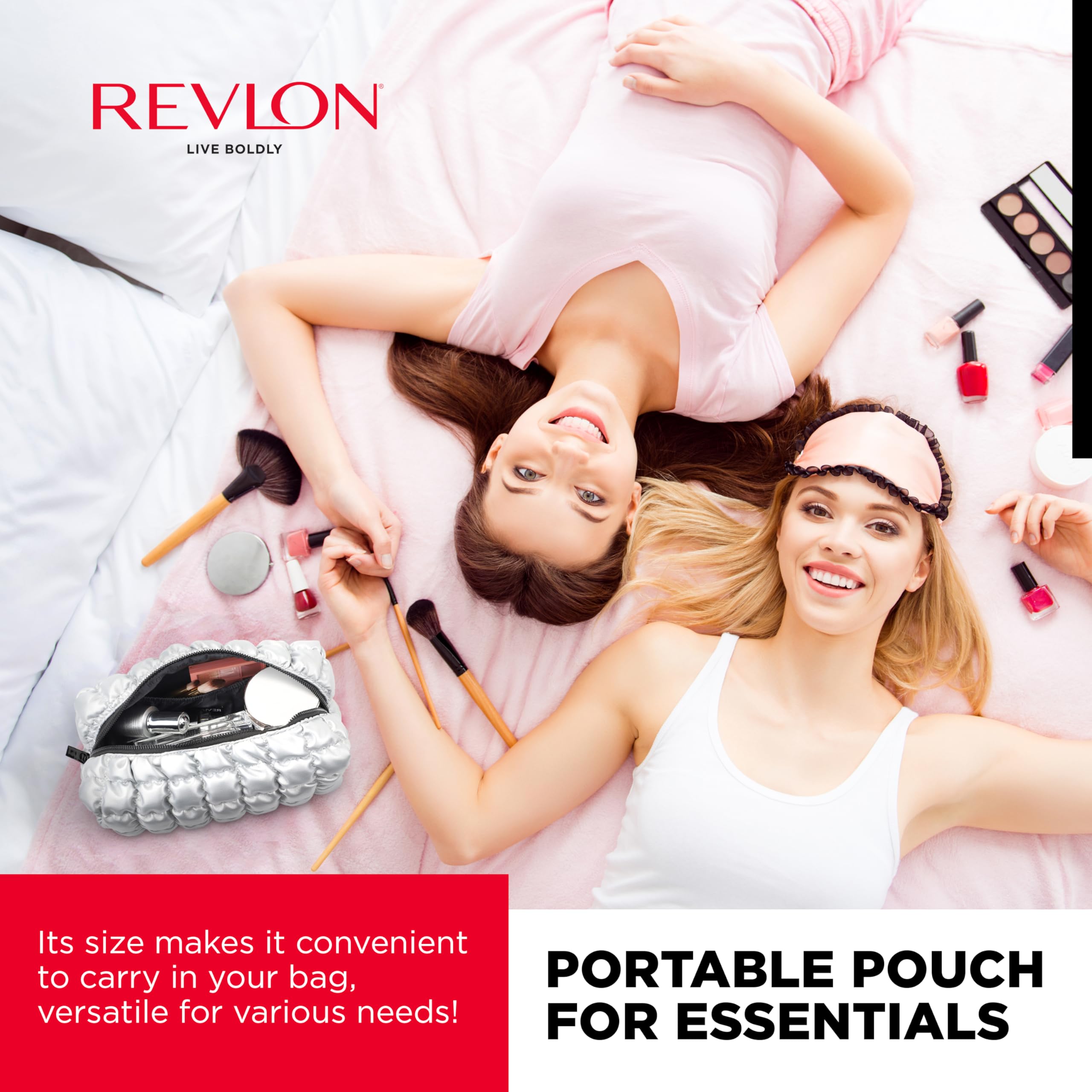 Revlon Quilted Makeup Bag - Marshmallow Quilted Makeup Pouch, Travel Makeup Organizer with Zipper, Cosmetic Bag, Mini Makeup Case, Toiletry Pouch, Lipstick, Makeup Brush Organizer Bag, Silver Metallic
