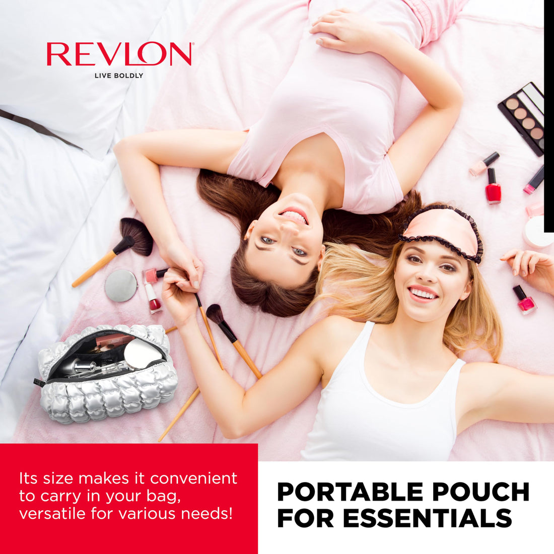 Revlon Quilted Makeup Bag - Marshmallow Quilted Makeup Pouch, Travel Makeup Organizer with Zipper, Cosmetic Bag, Mini Makeup Case, Toiletry Pouch, Lipstick, Makeup Brush Organizer Bag, Silver Metallic