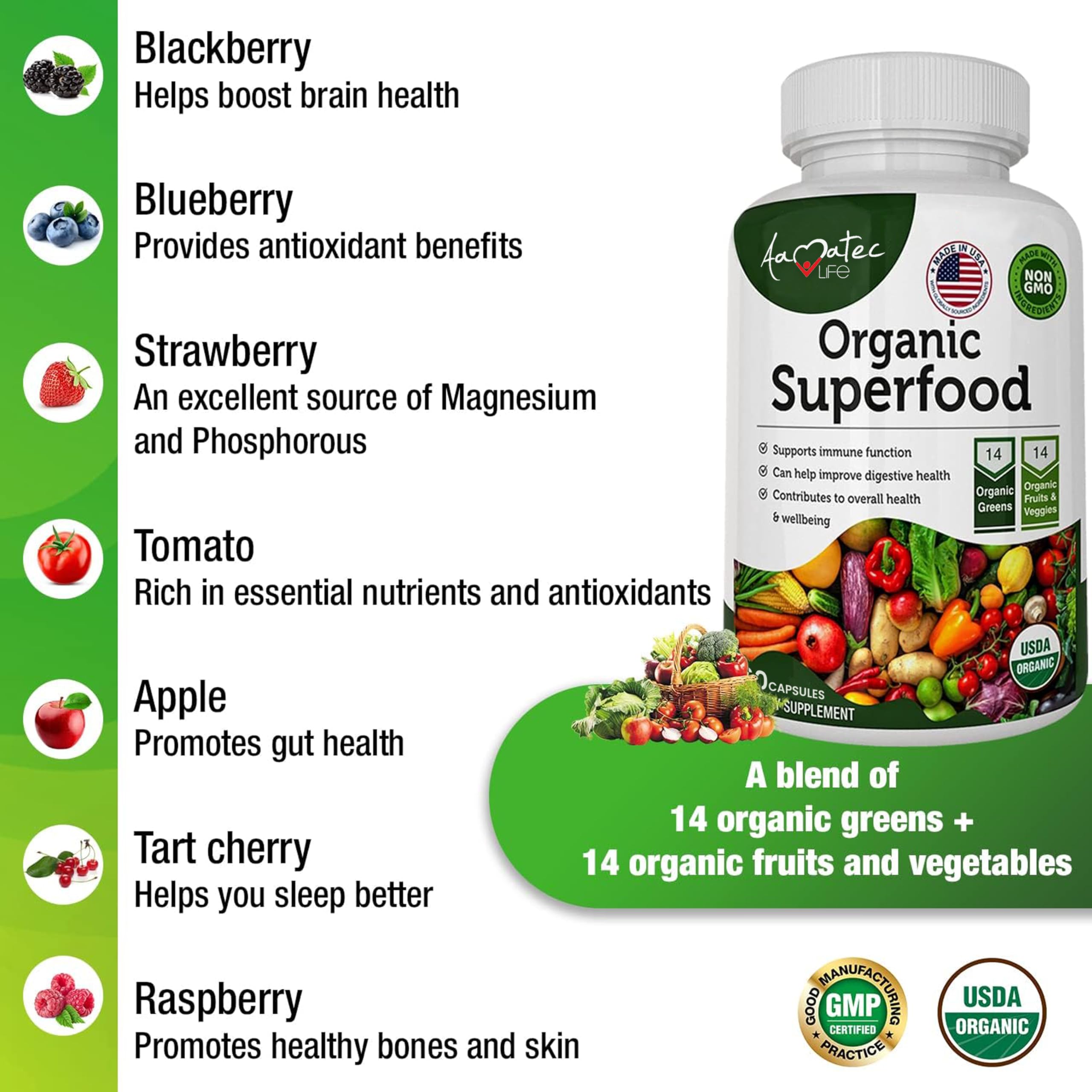 AAMATEC LIFE Organic Superfood Greens Fruits and Veggies Complex - Dietary Supplement with 14 Greens &14 Vegetables with Alfalfa Rich in Antioxidants Organic Ingredients Non-GMO (120 Count Pack of 2)