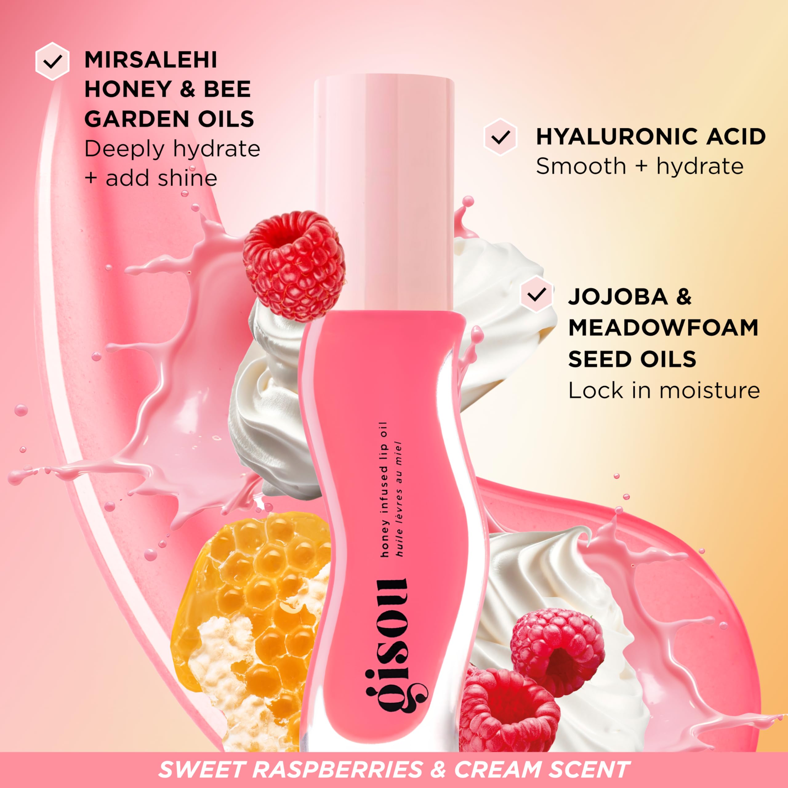 Gisou Honey Infused Hydrating Lip Oil, Nourishing Lip Moisturizer for Dry Lips, 0.27 fl oz (Raspberry Swirl)