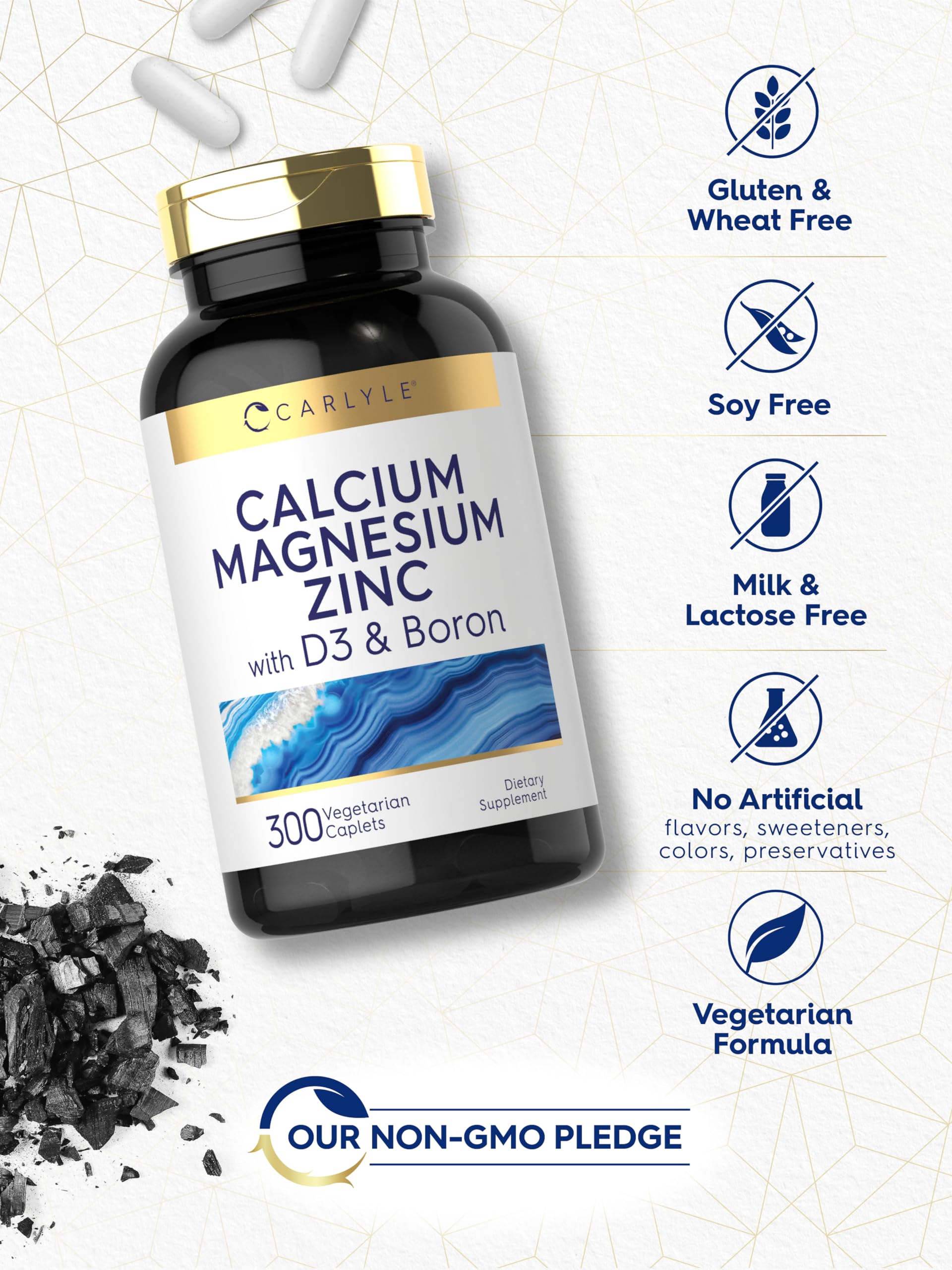 Carlyle Calcium Magnesium Zinc Vitamin D3 Supplement with Boron | 300 Caplets | Vegetarian, Non-GMO
