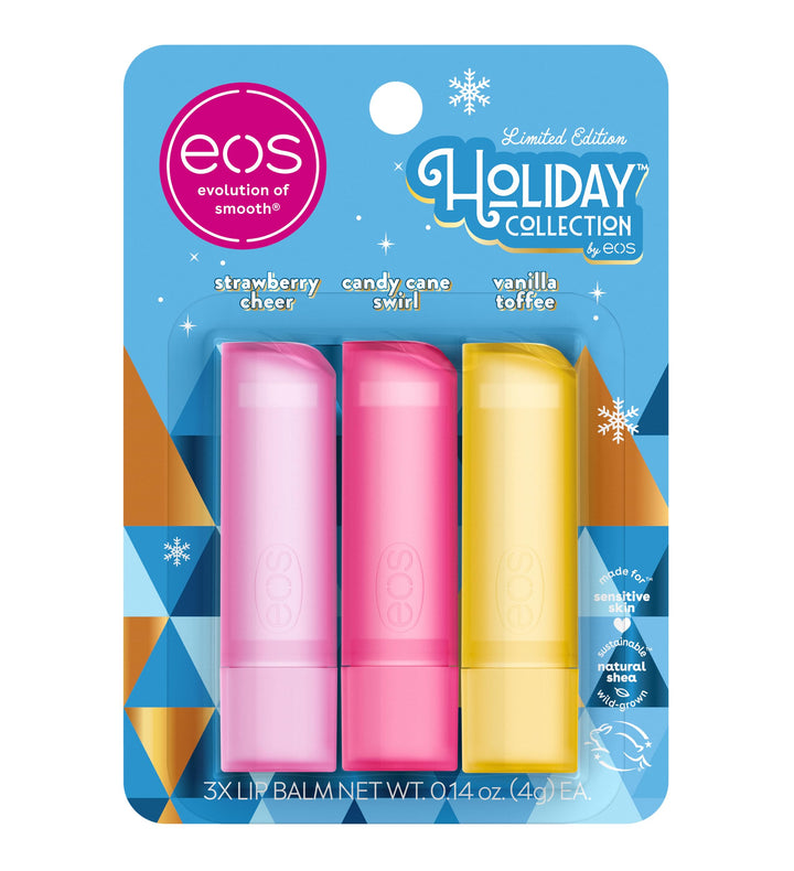 eos Holiday Lip Balm Gift- Strawberry Cheer, Candy Cane Swirl & Vanilla Toffee, Stocking Stuffers, All-Day Moisture Lip Care, 0.14 oz, 3 Count