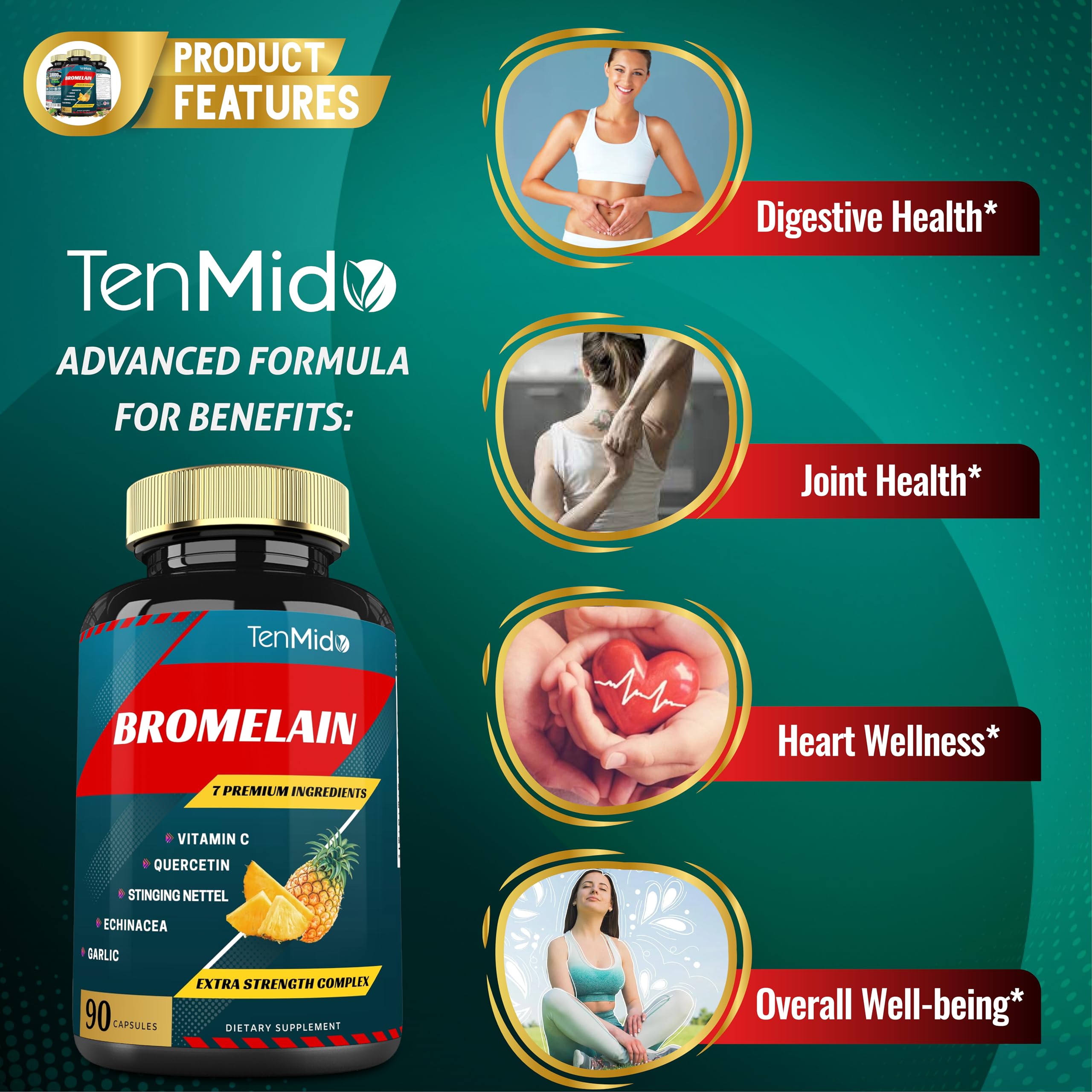 Tenmido Bromelain Extract Capsules, Proteolytic Enzymes & VitC, Quercetin, Echinacea, Garlic, Pepper - Supports Digestion Health, Nutrient Absorption - 90caps, 3Months Supply
