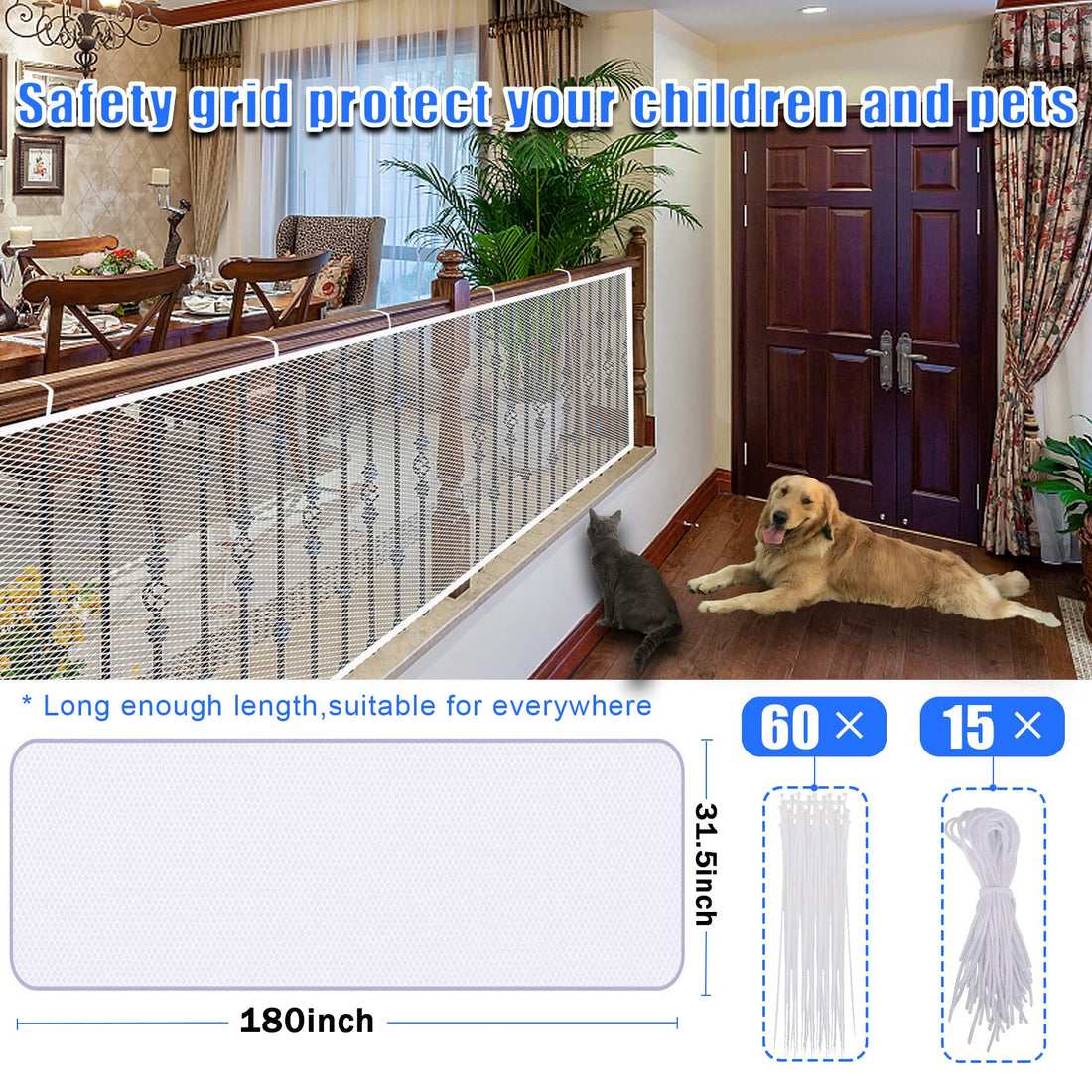 JIFTOK Baby Gate for Stairs, Banister Guard for Kids, Pets, Toys, 15ft L x 2.66 ft H, Mesh Netting Safety Net for Balcony Rail Stair, Stairway Net Baby Safety Products for Indoor & Outdoor (White)