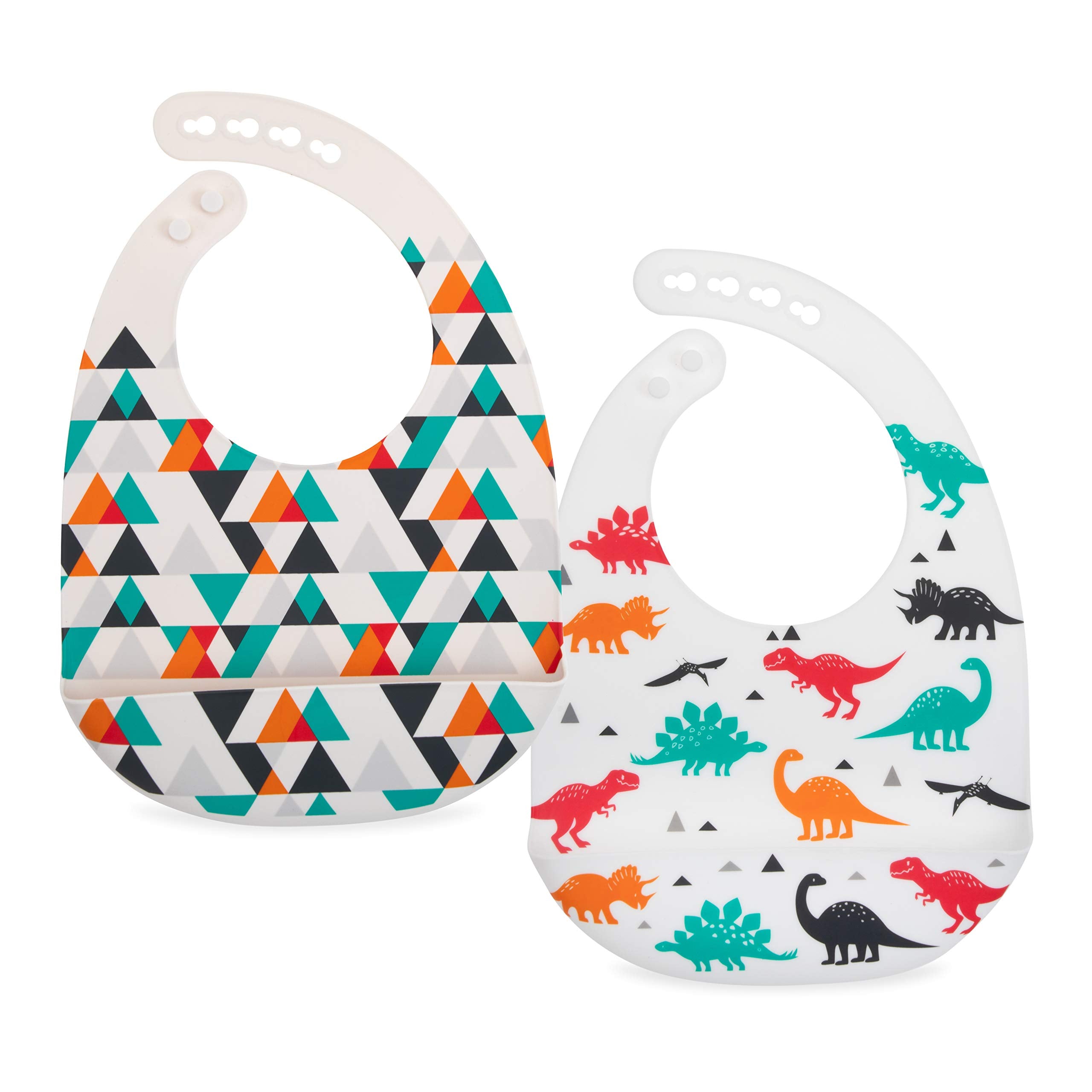 Nuby 2 Pack Adjustable Easy Clean Soft Silicone Bibs with Scoop, Triangles & Dinosaurs