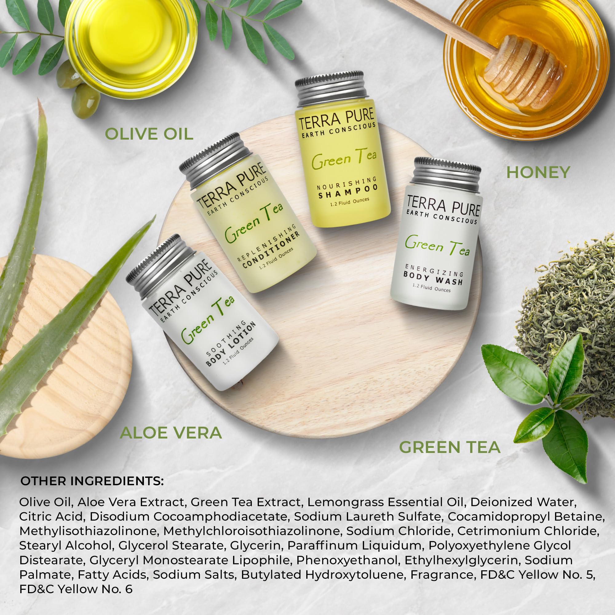 Terra Pure Green Tea Toiletries Set | 1-Shoppe Amenities Kit | 1oz Shampoo & Conditioner, Body Wash, Lotion | Travel Size | 80 Pieces