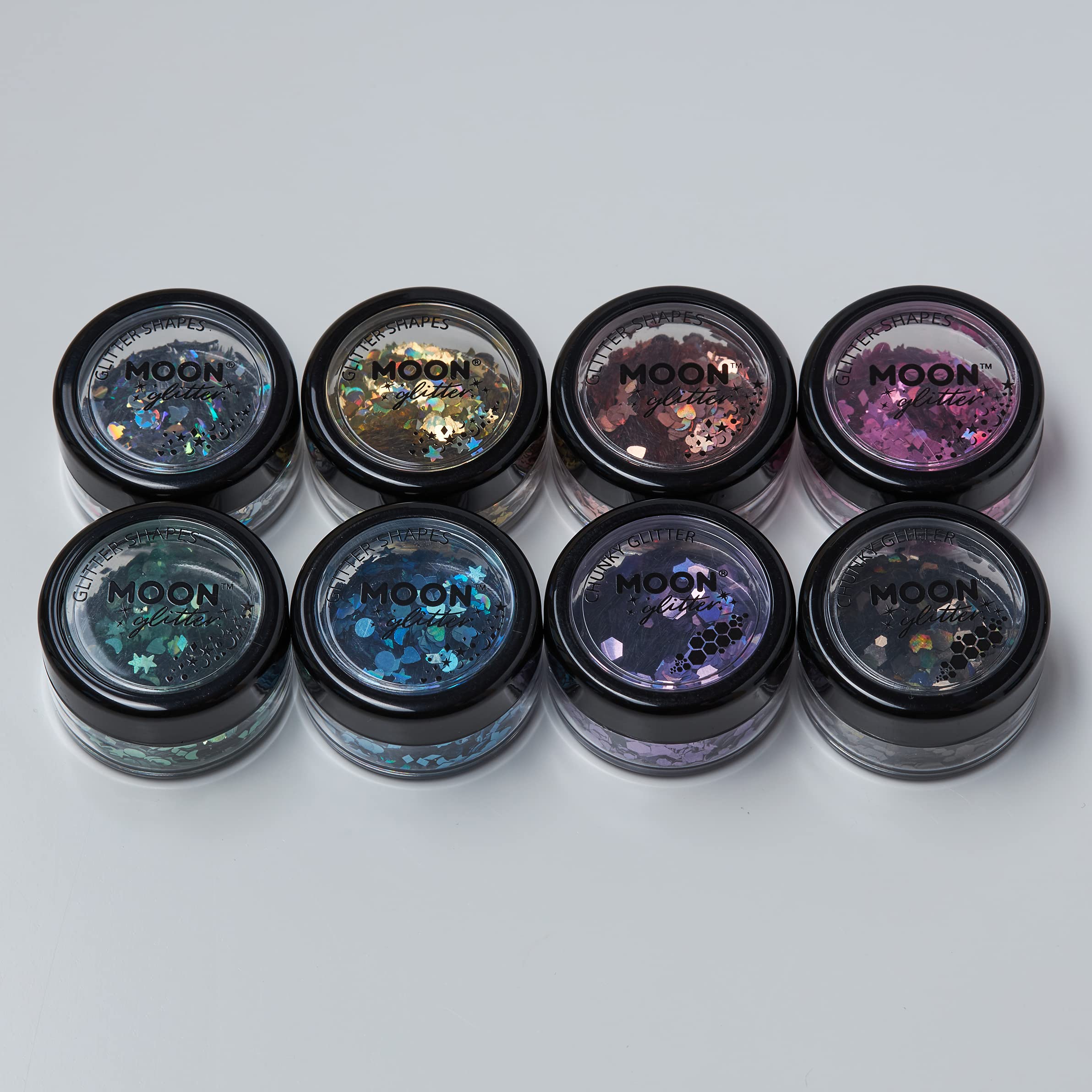 Moon Glitter Holographic Glitter Shapes By 100% Cosmetic Glitter For Face, Body, Nails, Hair And Lips - 3G - Set Of 8 Colours