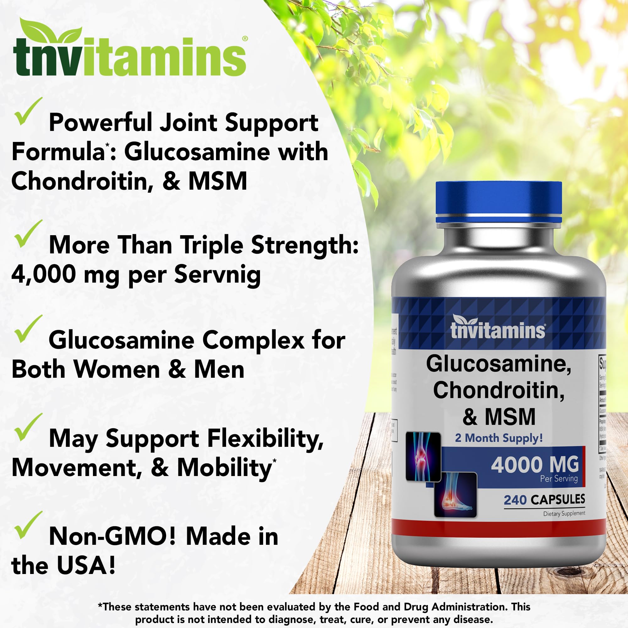 tnvitamins Glucosamine, Chondroitin, & MSM (4000 MG - 240 Capsules) for Men & Women | Joint Support Supplement Complex* | More Than Triple Strength! | Non-GMO | Produced in The USA