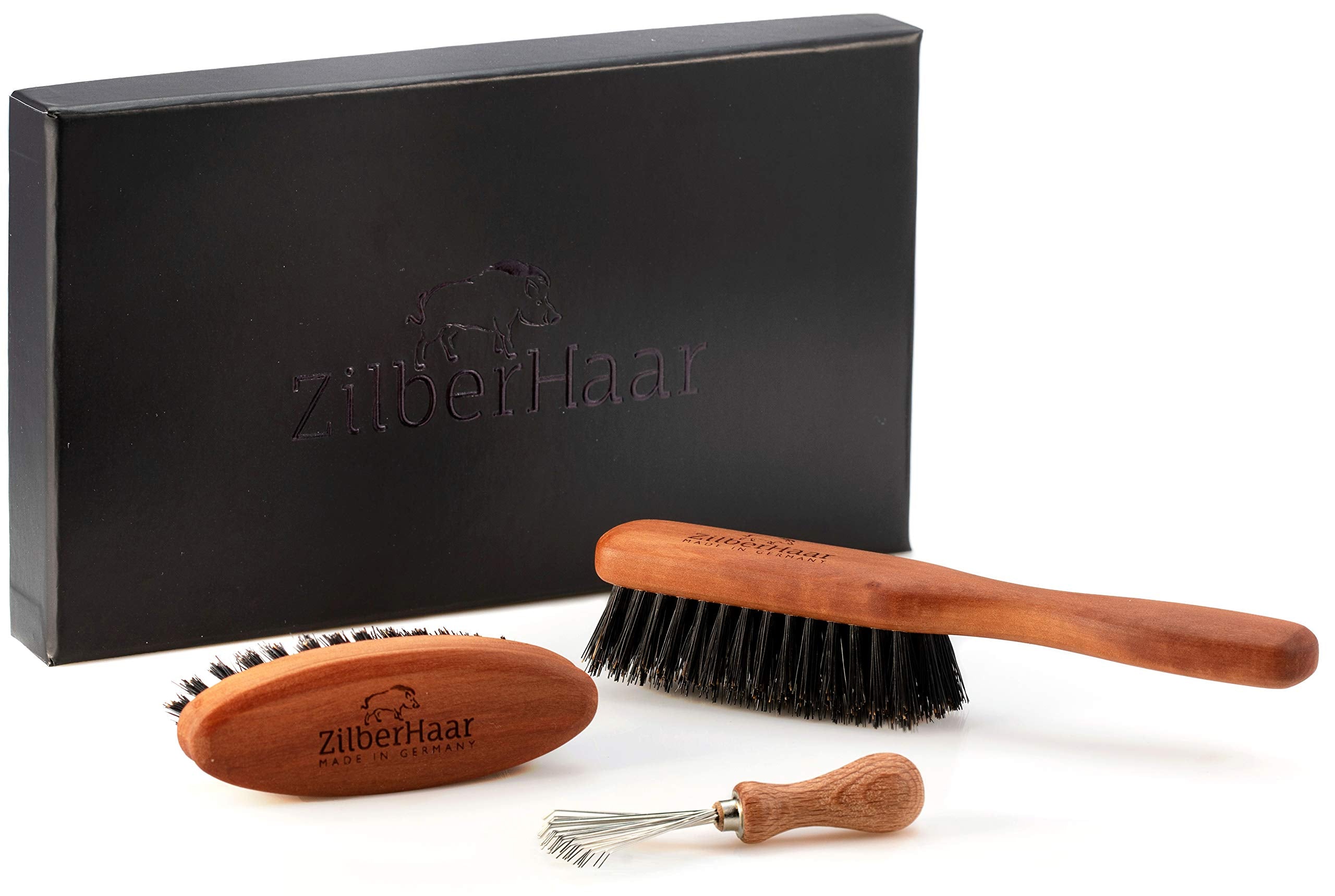 Zilberhaar Basic Beard Brush Kit (Stiff Version) - Ideal for Medium to Long, Thick Beards - Distributes Balm & Oil for Growth and Styling - Perfect Gift Set - Comes with Brush Cleaning Tool
