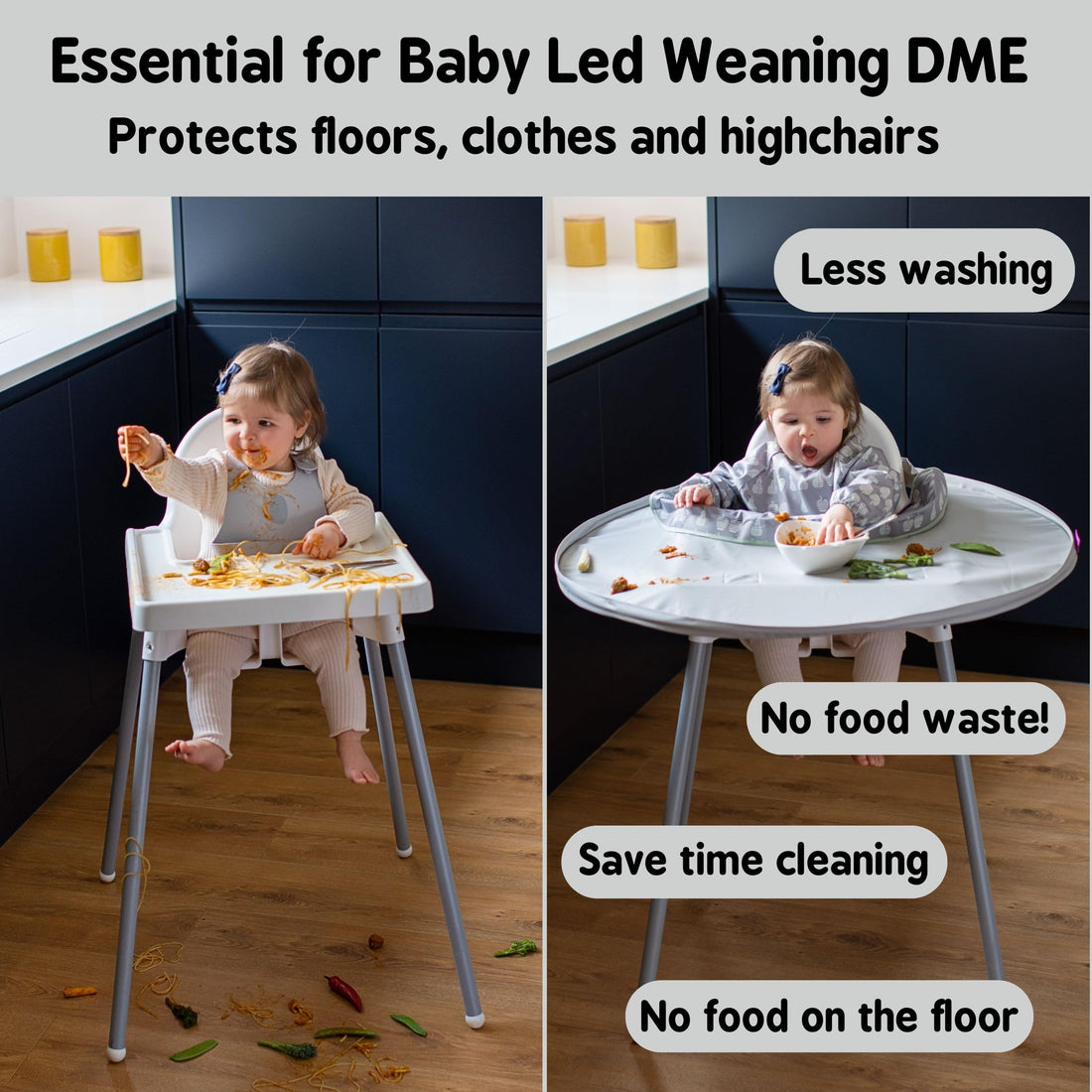 Tidy Tot- Baby Bib & Tray Kit - Mess Proof Long Sleeve Smock Attaches to Feeding Mat - Waterproof Bib – Machine Washable. Fits Babies and Toddlers 6-24 months - Grey