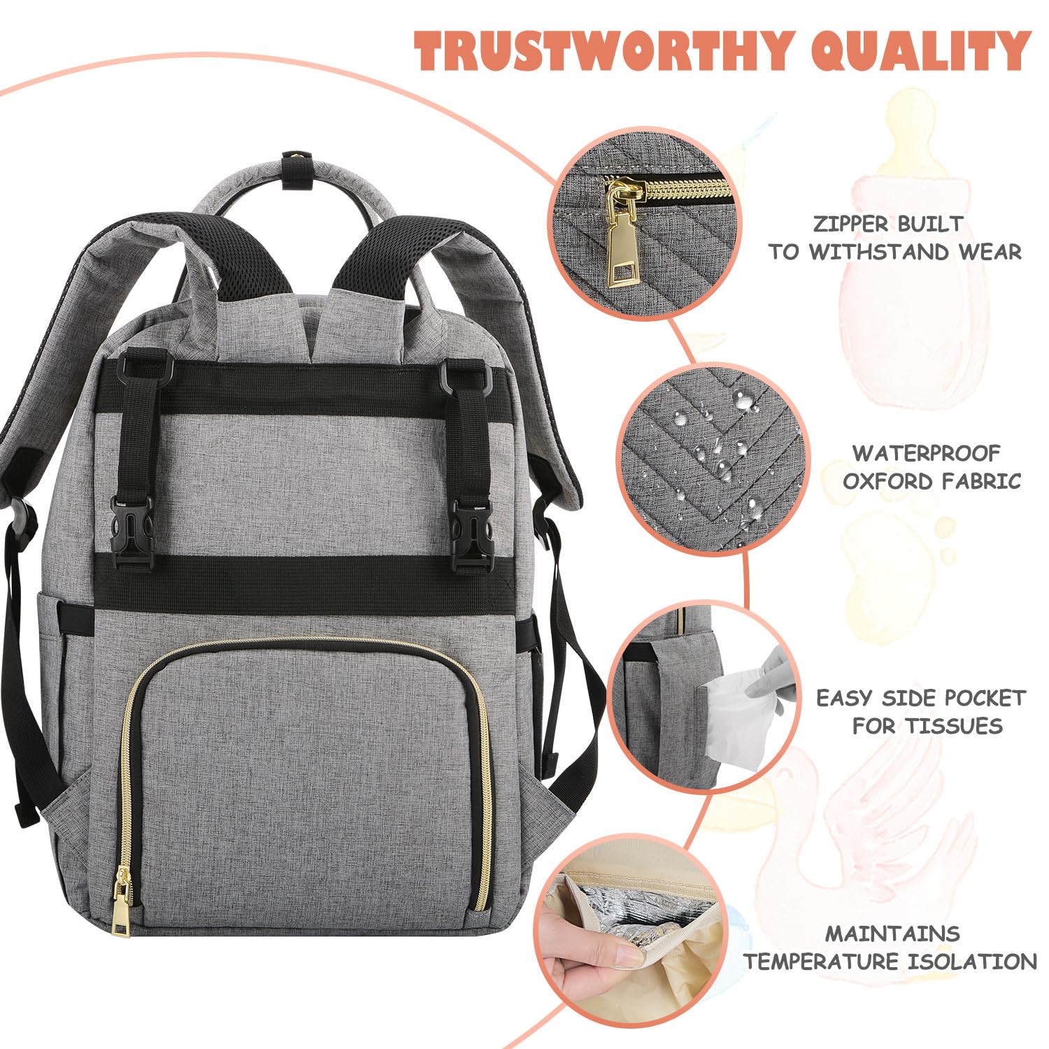 Tenot Baby Diaper Bag Backpack, Travel Diaper Bags for Baby Girl Boy Large Capacity Baby Bag Backpack for Women Grey