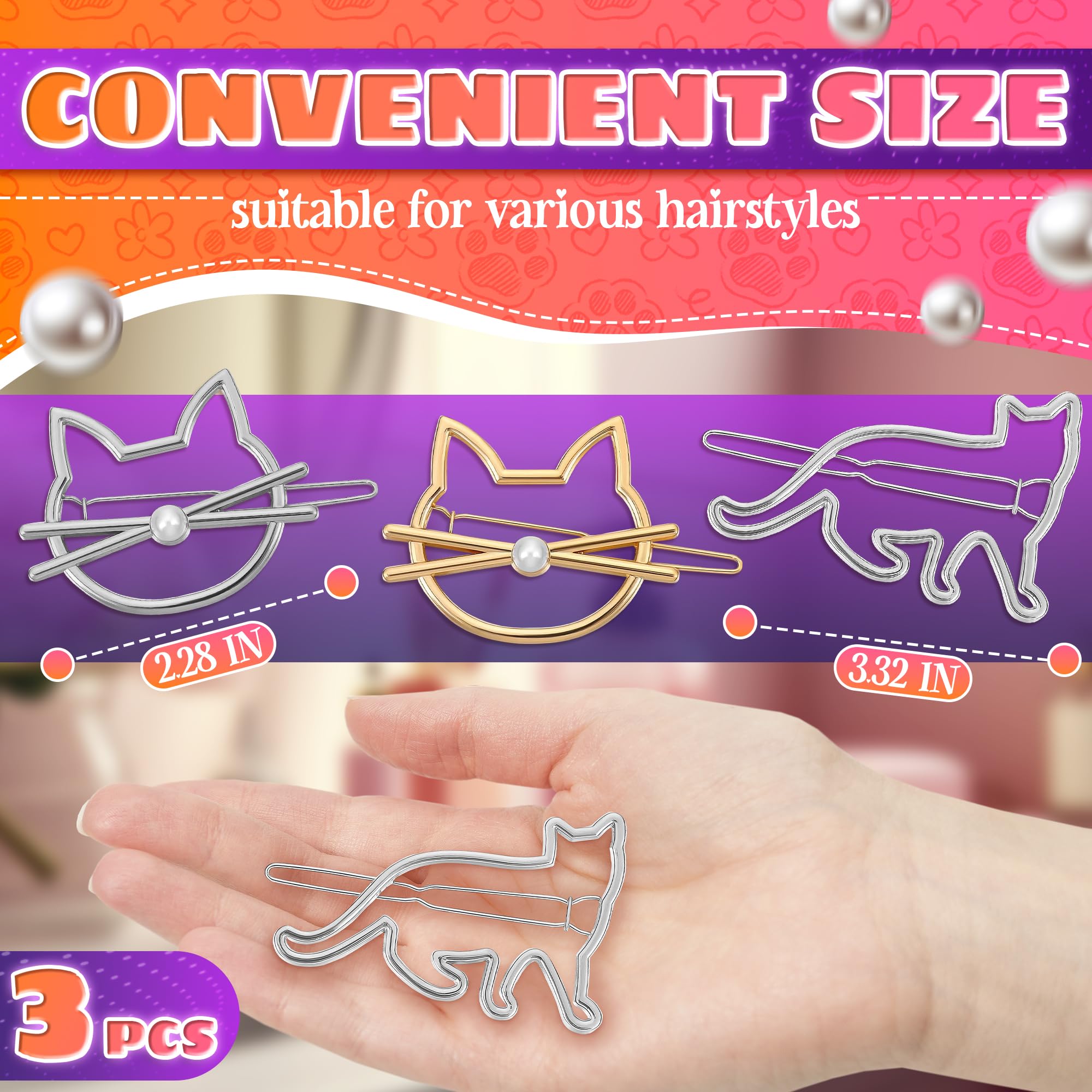 HUELE Set of 3 Cat Kitty Novelty Hair Clip barrette Cat Hair Clips with Pearl for Women and Girls Apply to Party and Casual