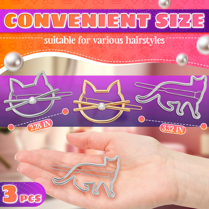 HUELE Set of 3 Cat Kitty Novelty Hair Clip barrette Cat Hair Clips with Pearl for Women and Girls Apply to Party and Casual