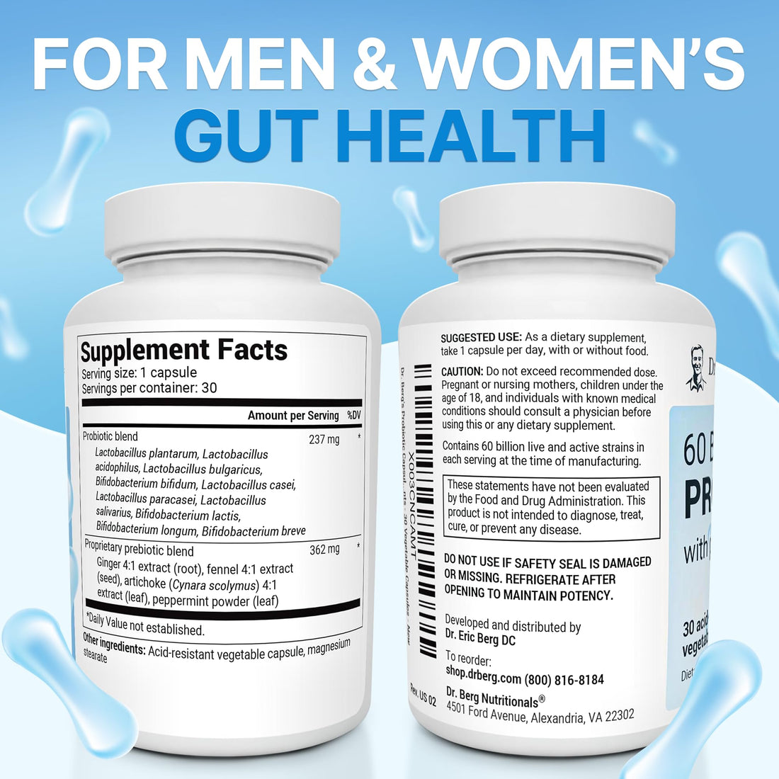 Dr. Berg 60 Billion Probiotic Supplement - Supports Occasional Constipation, Diarrhea, Gas & Bloating* - Pre and Probiotics for Digestive Health - 30 Probiotic Capsules
