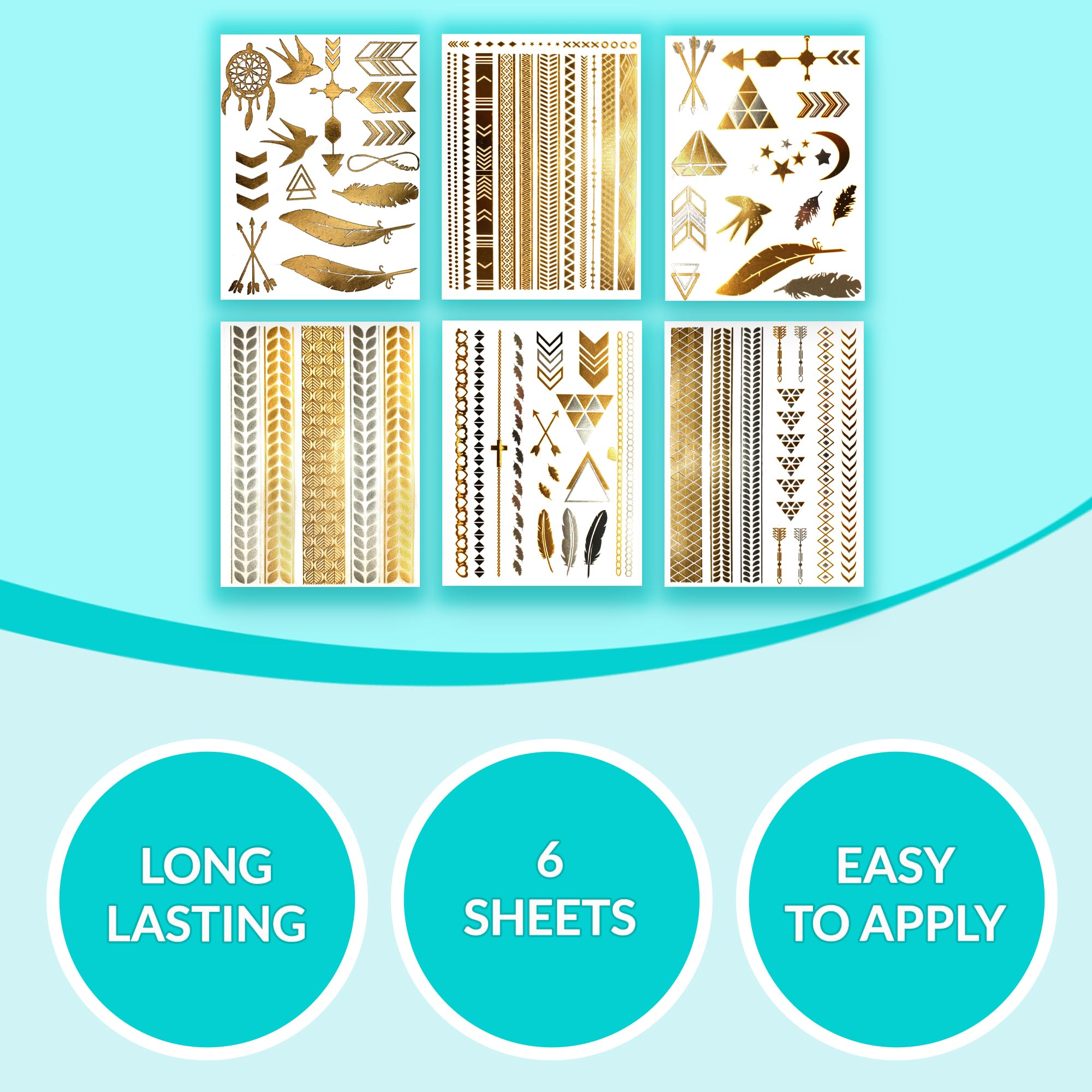 Premium Metallic Temporary Hair Tattoos - 75+ Contemporary Boho Shimmer Designs in Gold & Silver (Hazel Collection)