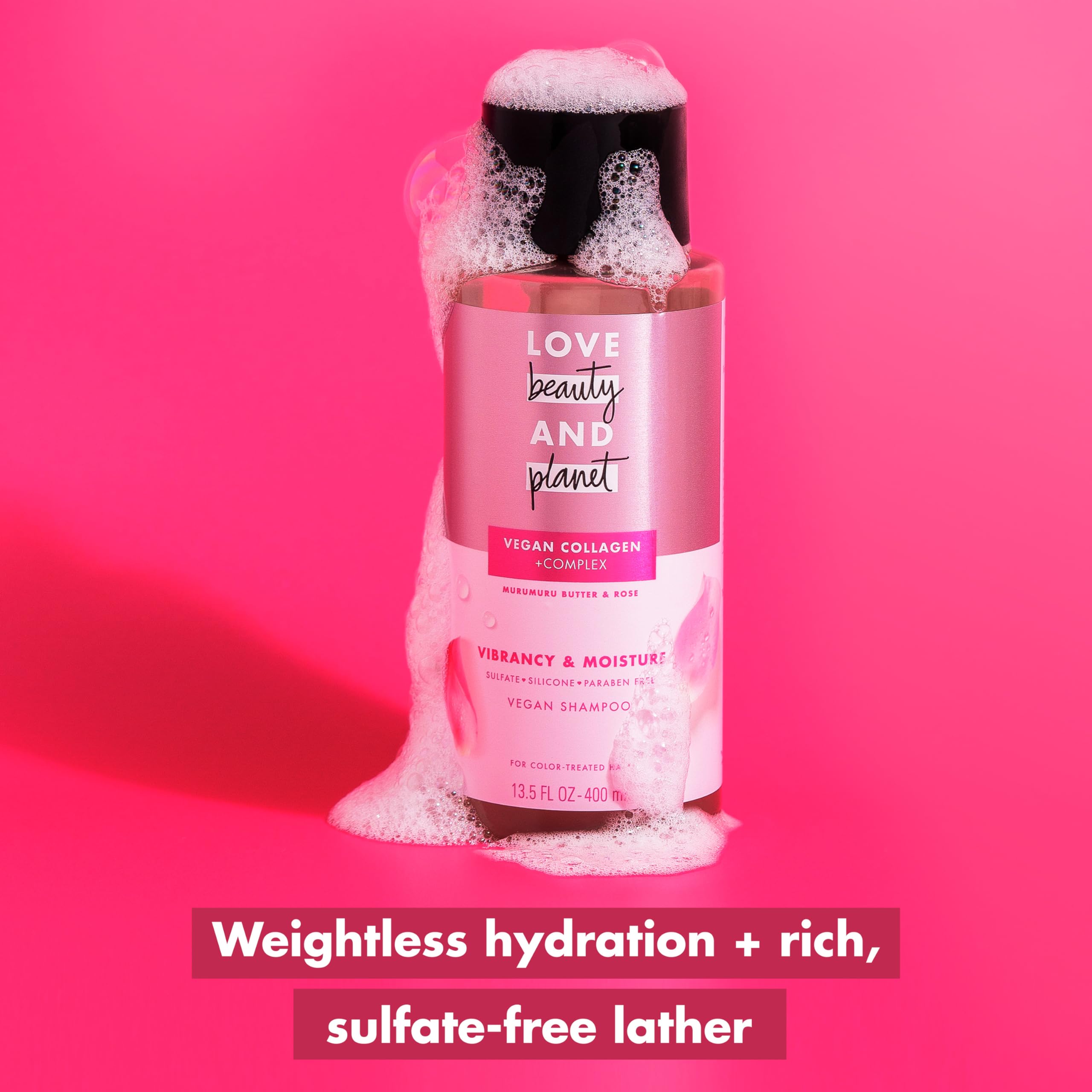 Love Beauty and Planet Vegan Collagen Moisture Shampoo Murumuru Butter & Rose Pack of 4 for Color-Treated Hair Vibrancy, 13.5 oz