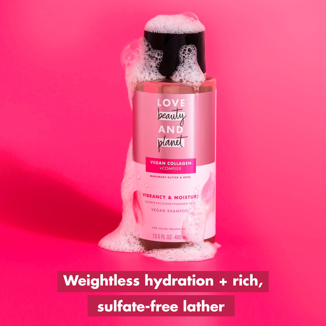 Love Beauty and Planet Vegan Collagen Moisture Shampoo Murumuru Butter & Rose Pack of 4 for Color-Treated Hair Vibrancy, 13.5 oz