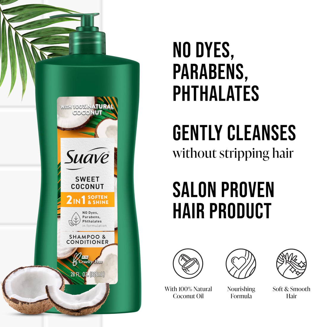 Suave Natural Sweet Coconut 2 In 1 Shampoo & Conditioner with 100% Natural Coconut, for Softening and Shining Hair, No Dyes, No Parabens, No Phthalates, 28 Oz (Pack of 4)