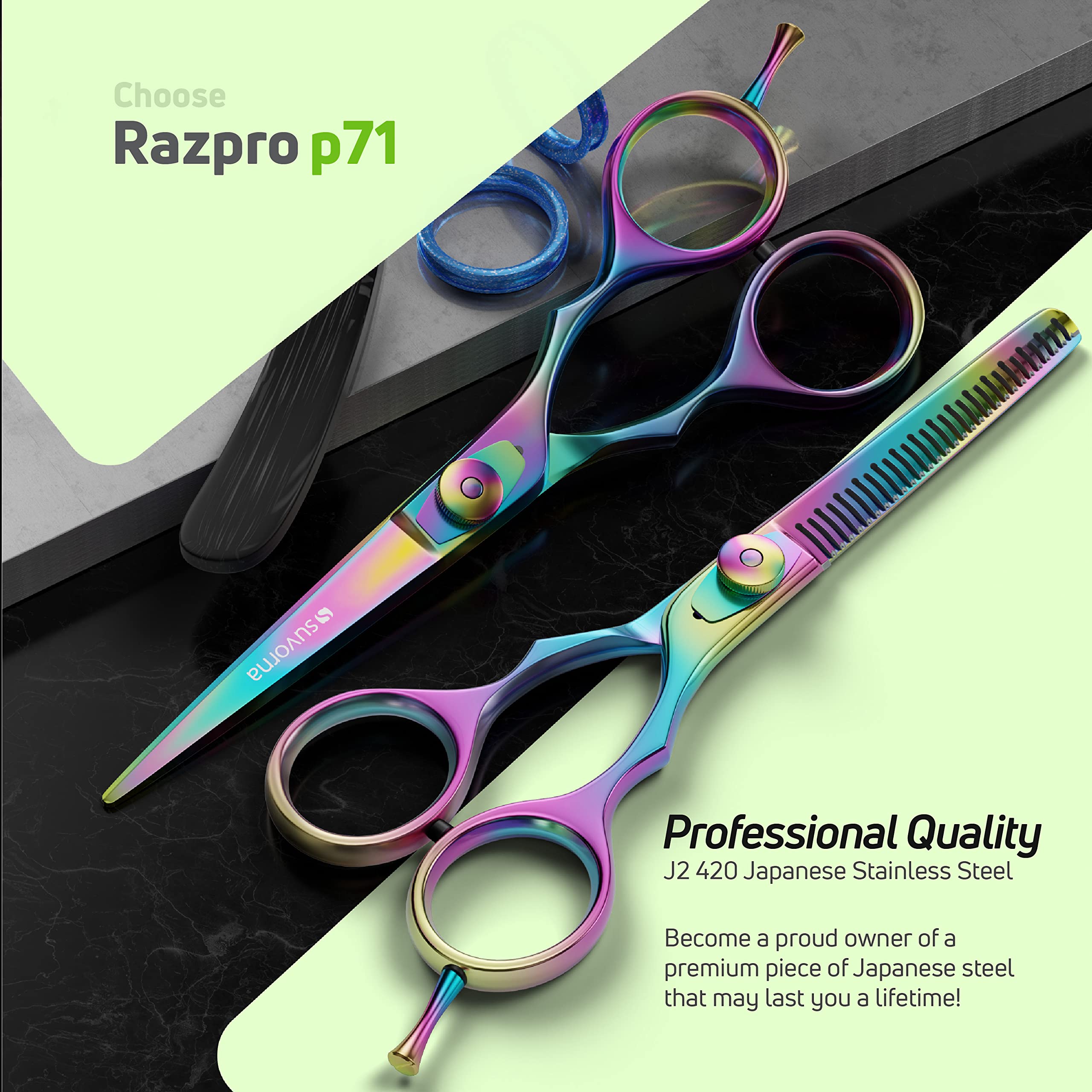 Suvorna Professional Barber Razor Edge Titanium Coated Hair Cutting and Texturizing Scissors Set Razpro P50, Multicolor, 15.4 Ounce
