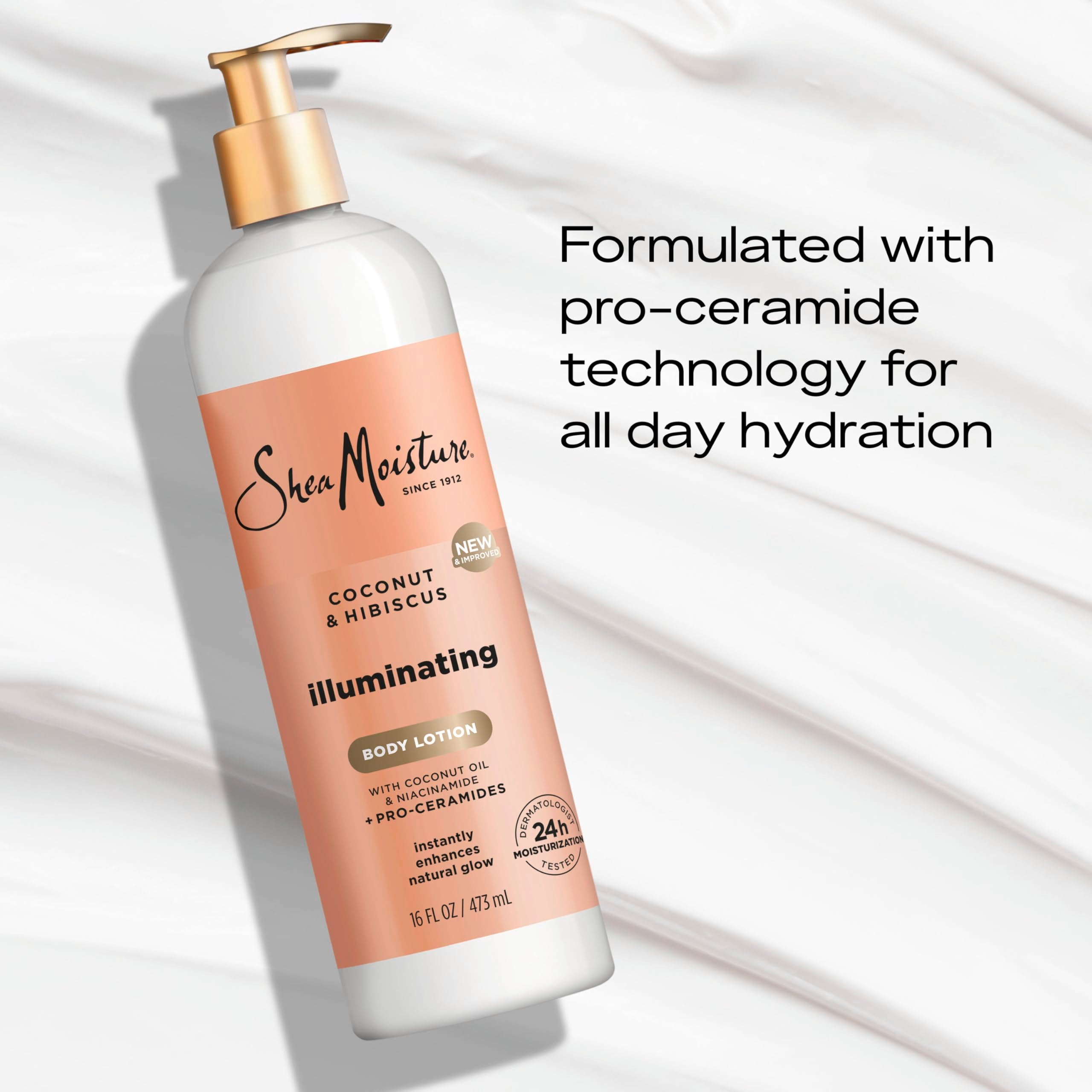 SheaMoisture Illuminating Body Lotion with Coconut Oil, Hibiscus, Niacinamide and Pro-Ceramides, Instantly Enhancing Skin's Natural Glow, 24H Moisturizing 16 oz