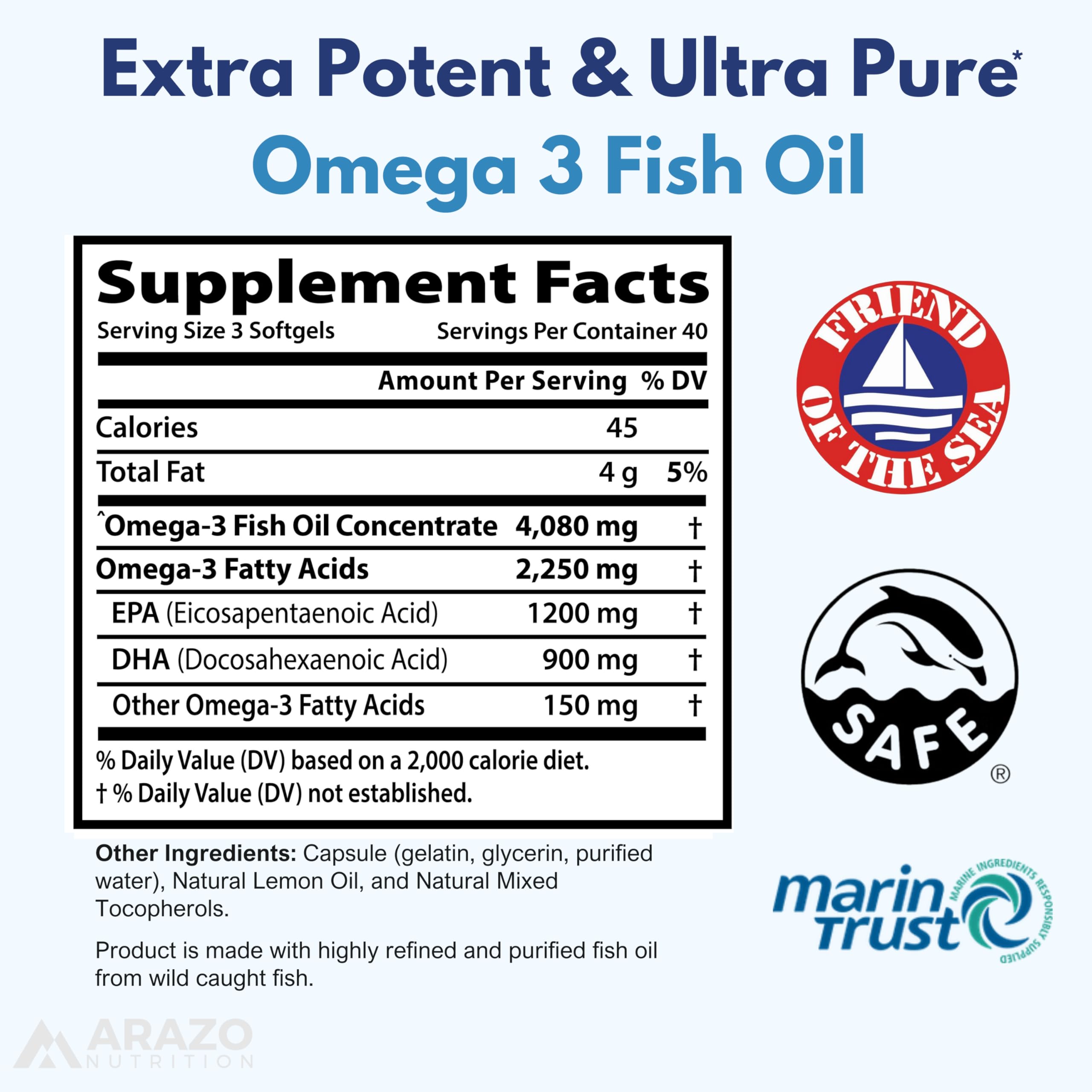 Arazo Nutrition Wild Caught Omega 3 Fish Oil – 120 Soft Gels – 4,080mg High EPA 1200mg DHA 900mg Lemon Flavor Burpless Softgels