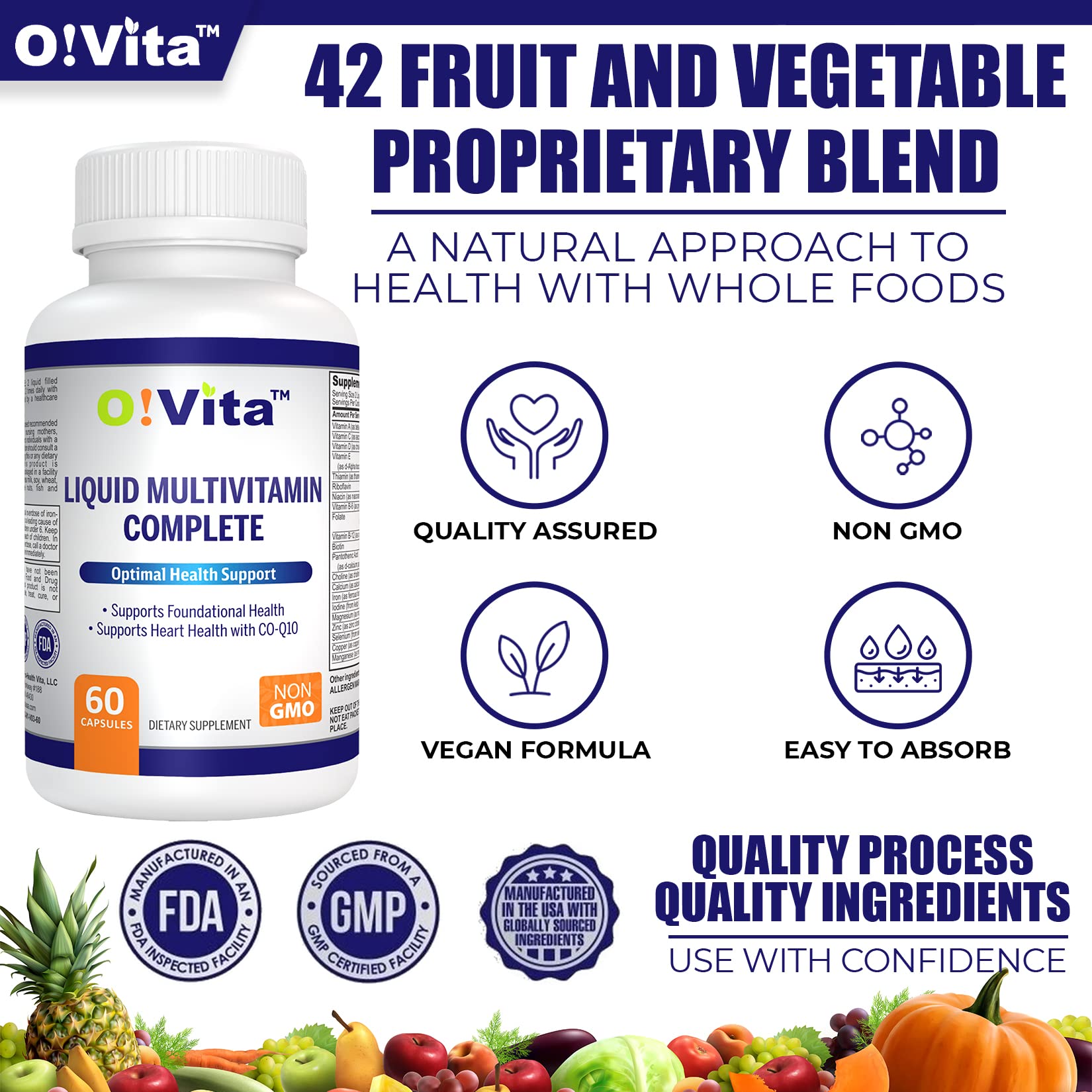 O!VITA Liquid Multivitamin Complete, with a Full Spectrum of Vitamins and Minerals, Plus 42 Fruits and Vegetable Proprietary Blend, Easy Absorption (60 Vegan Liquid Filled Capsules)