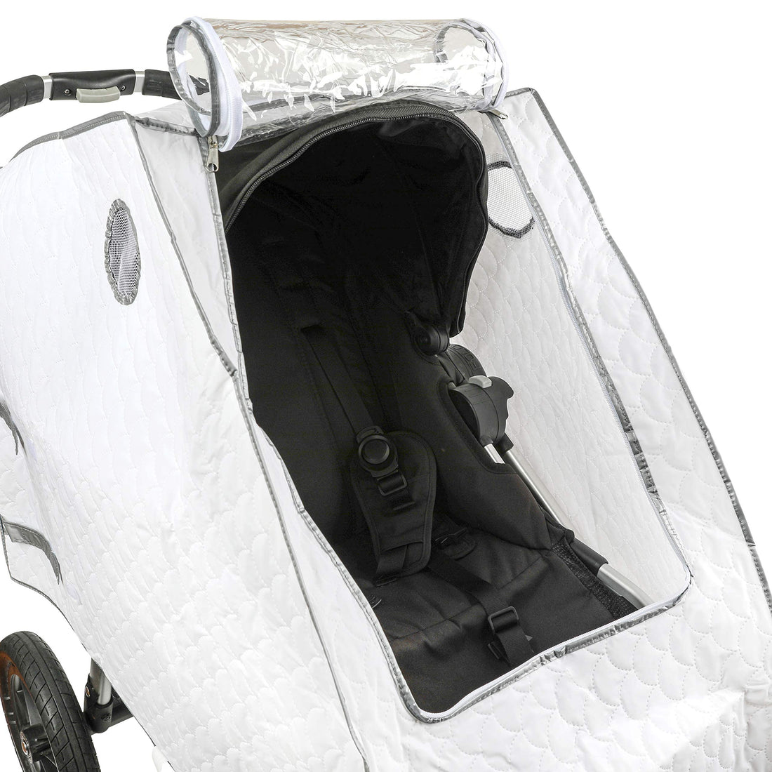 Masirs Baby Stroller Rain Cover - Universal Size, Provides Extra Warmth & Shields Child from Wind & Rain. Mesh Material for Ventilation & Reflective Trimming for Night Visibility. (White, Quilted)