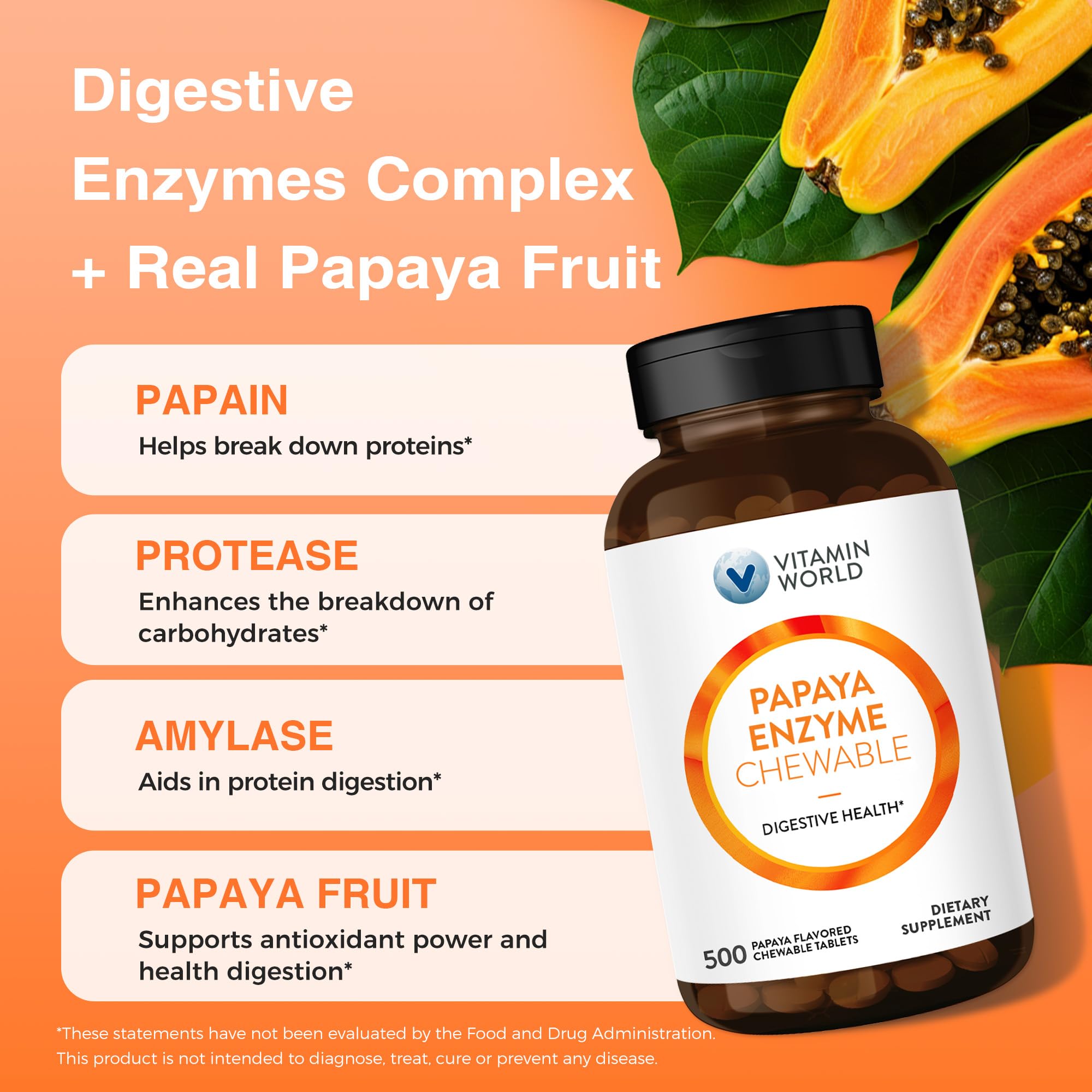 Vitamin World Papaya Enzymes Chewable Tablets - Papain, Amylase & Protease for Digestion & Nutrient Absorption, Papaya Flavor, Gluten Free, 500 Count