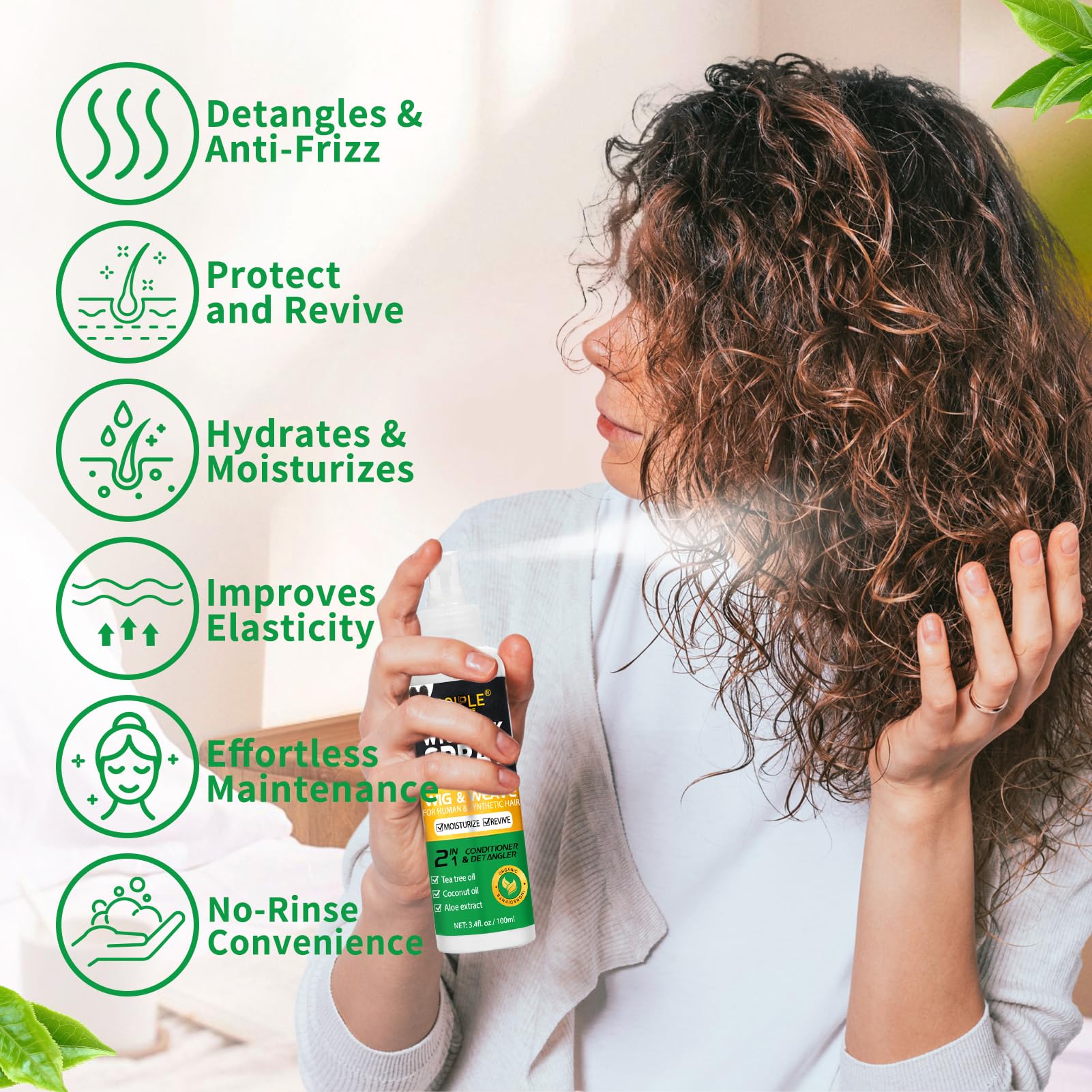 Wig Milk Spray Wig Spray for Synthetic Hair, Leave-In Conditioner Spray for Hair Wigs, Conditioner & Detangler 2 in 1 Moisturize Spray, Hydrates & Replenishes Synthetic Wigs Easy Combing (3.4 fl oz)