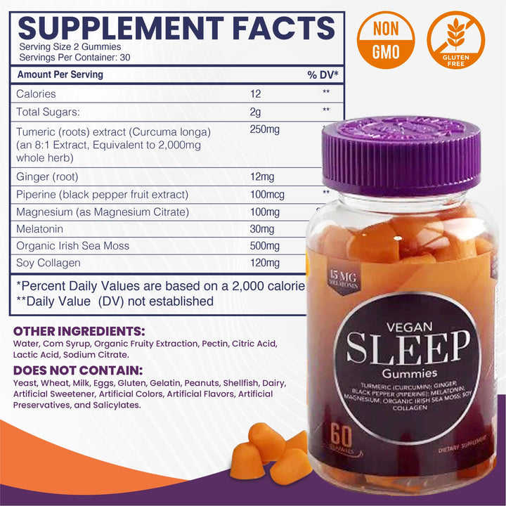 Skegee Vegan Sleep Gummies, Magnesium with Melatonin 15mg, Sea Moss, Collagen, Turmeric & Ginger, Non Habit Forming, Non-GMO, Gluten-Free, Mixed Berry Flavor, 60 Count