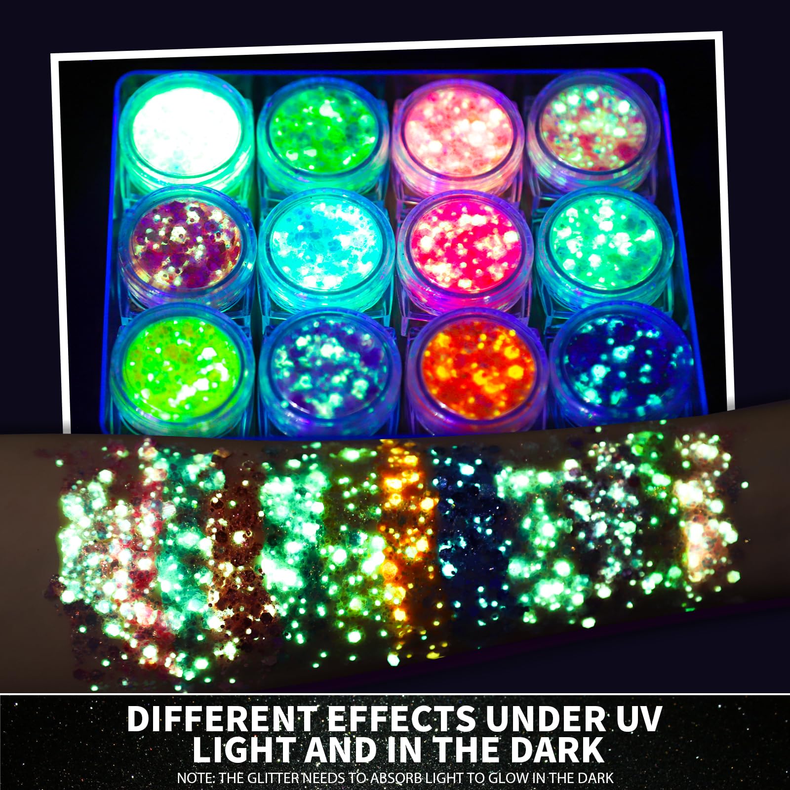 Teenitor 12 Colors Glow in The Dark Glitter Gel, Face Glitter Body Glitter Gel Hair Glitter for UV Black Light Makeup Raves Festivals