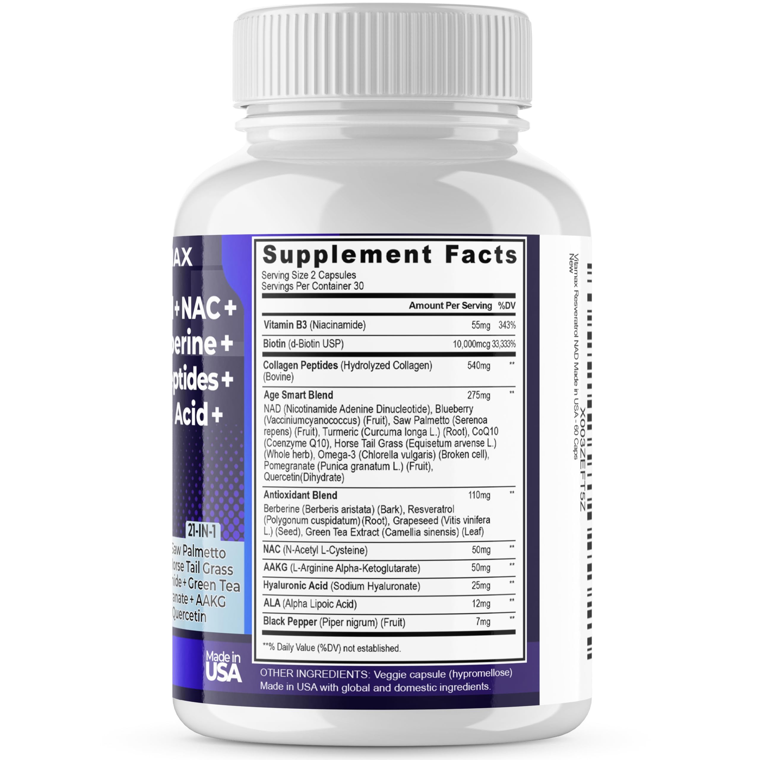 Resveratrol NAD+ Berberine Hyaluronic Acid - Biotin Grape & Blueberry + NAC - Collagen Peptides - Hair, Nail, Skin & Joint Supplement - 21-in-1 Women and Men - Made in USA (60 Count (Pack of 1)